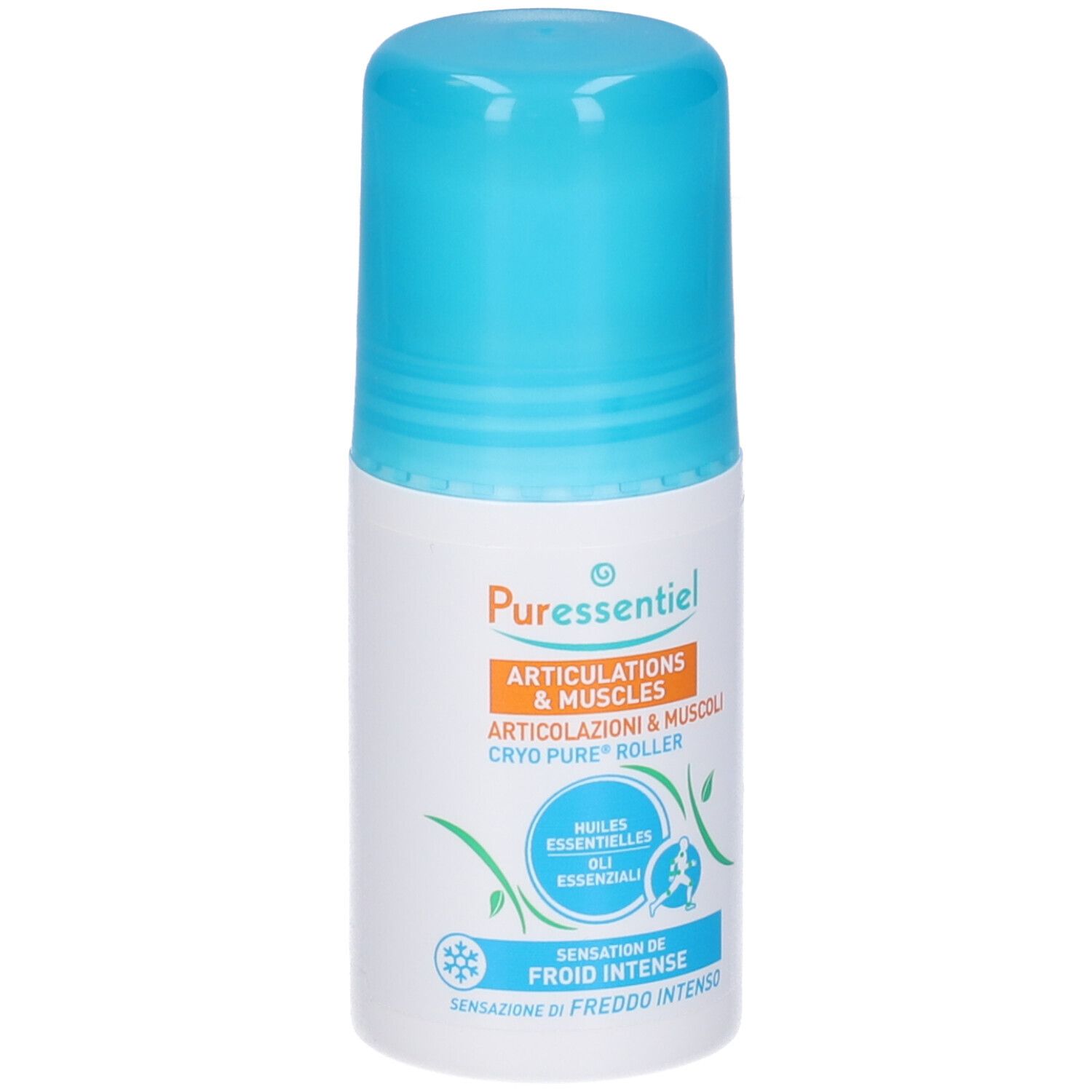 Puressentiel Cryo Pure Roller. Weißer Behälter mit blauem Deckel. Enthält ätherische Öle und Menthol. Für Gelenke und Muskeln.