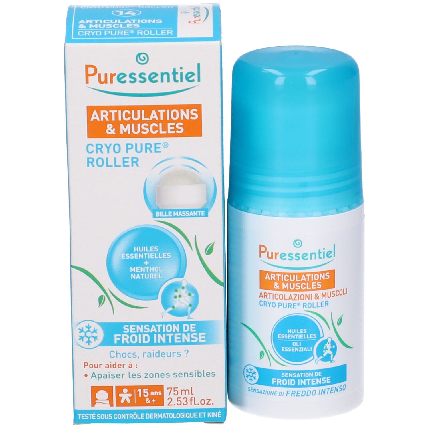 Puressentiel Cryo Pure Roller und Verpackung. Roller mit blauem Deckel. Enthält ätherische Öle und Menthol. Für Gelenke und Muskeln.