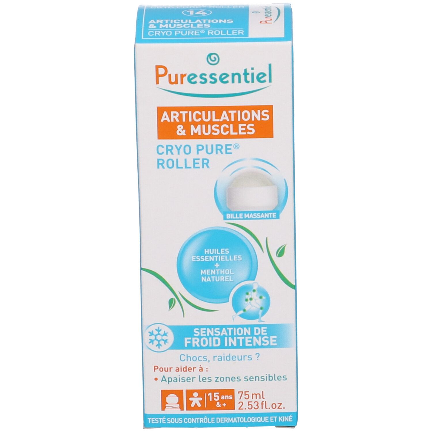 Puressentiel Cryo Pure Roller und Verpackung. Verpackung mit Produktabbildung und Text. Für Gelenke und Muskeln.