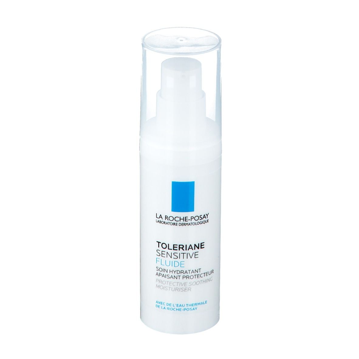 Flacone bianco con coperchio trasparente. Scritta: La Roche-Posay, Toleriane Sensitive Fluid. Quadrato blu. Erogatore a pompa.