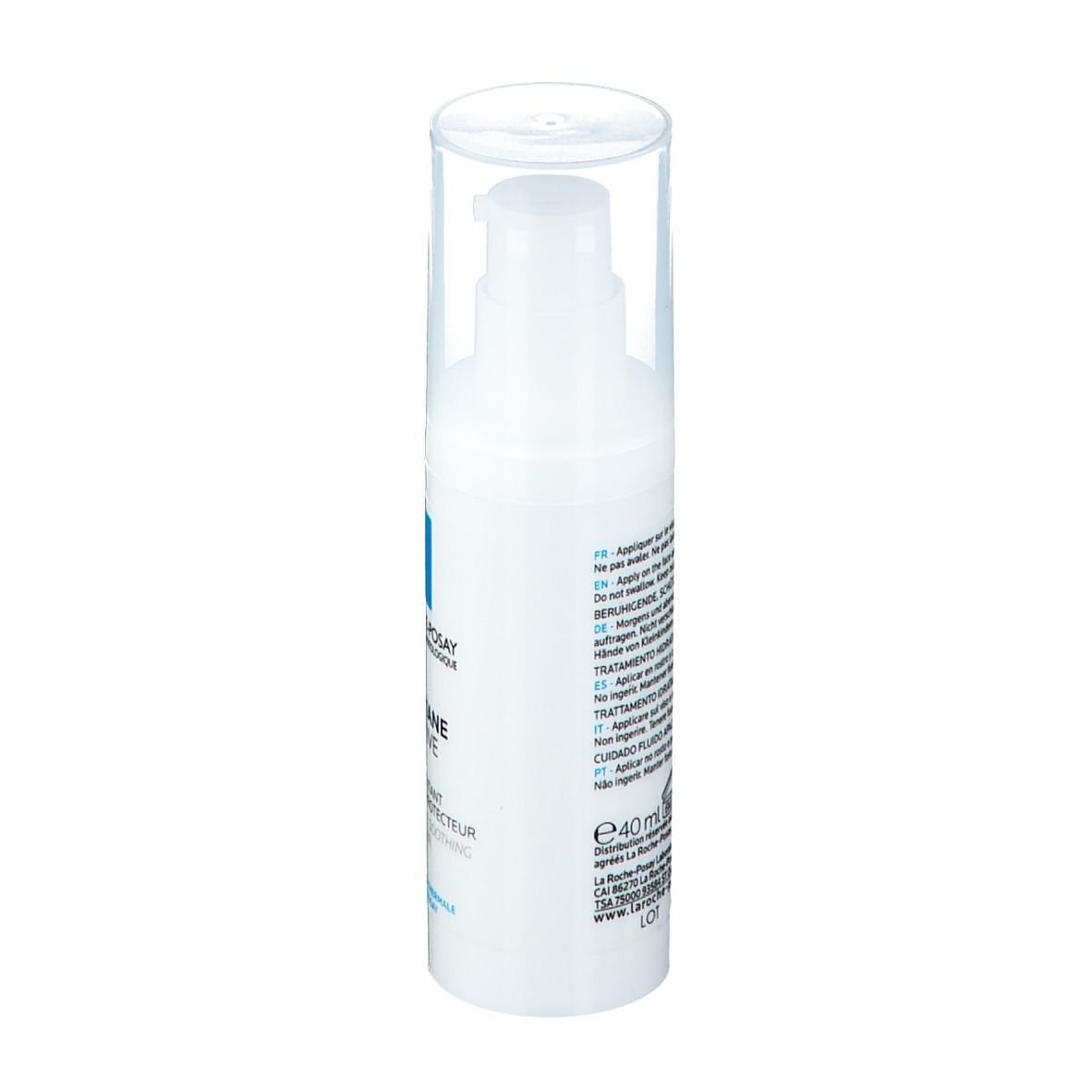 Flacone bianco con coperchio trasparente. Scritta: La Roche-Posay, Toleriane Sensitive Fluid. Retro con testo e informazioni.