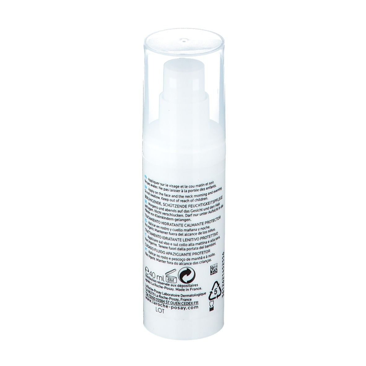 Flacone bianco con coperchio trasparente. Scritta: La Roche-Posay, Toleriane Sensitive Fluid. Retro con testo e informazioni.