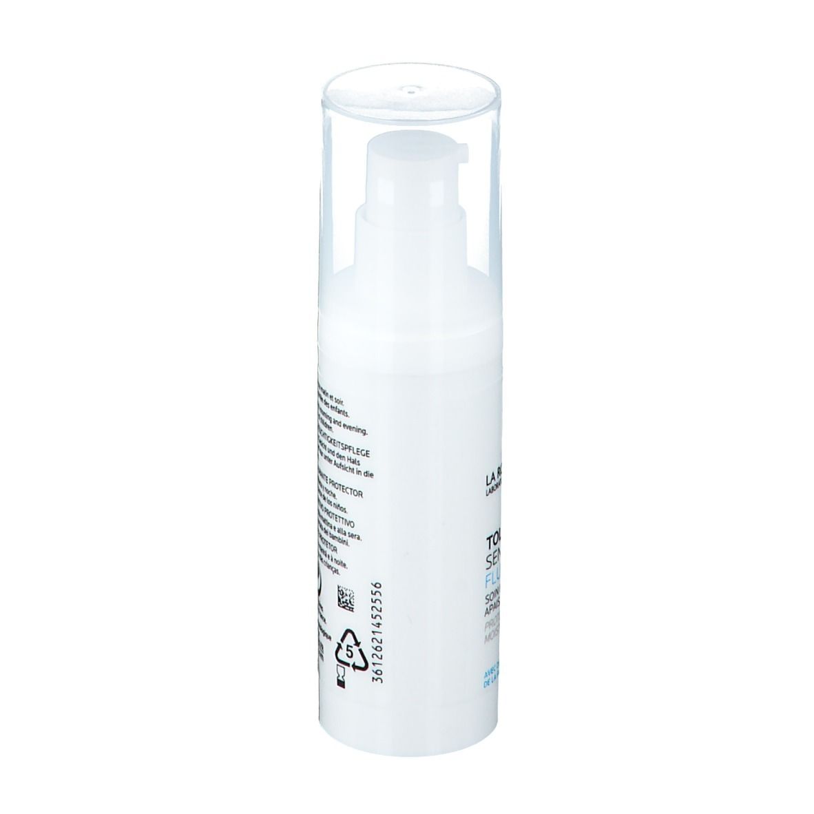 Flacone bianco con coperchio trasparente. Scritta: La Roche-Posay, Toleriane Sensitive Fluid. Retro con testo e informazioni.