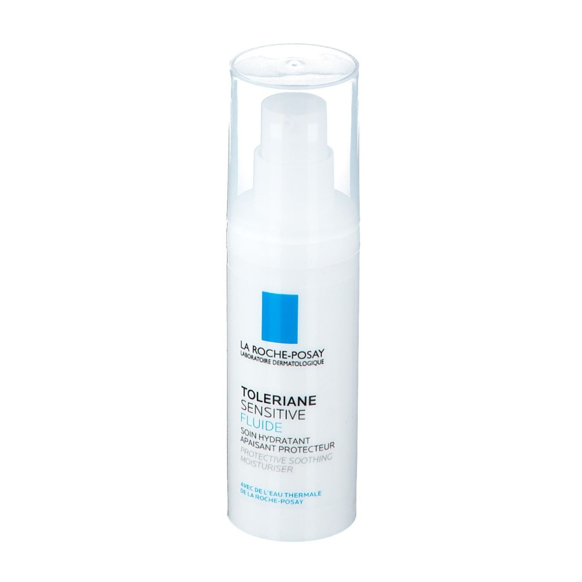 Flacone bianco con coperchio trasparente. Scritta: La Roche-Posay, Toleriane Sensitive Fluid. Quadrato blu.