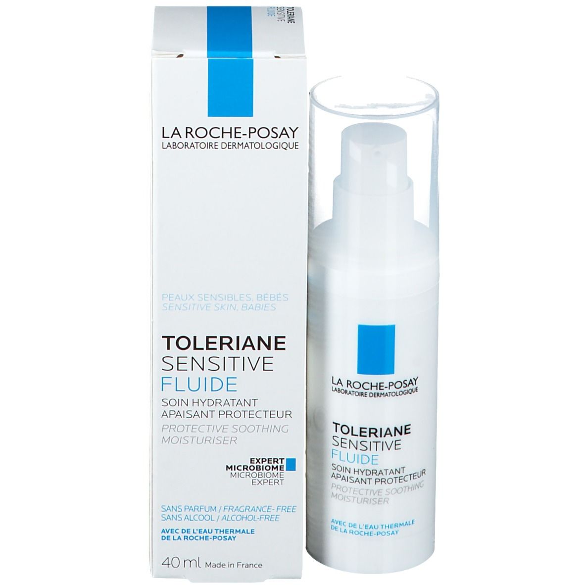 Confezione e flacone. Scritta: La Roche-Posay, Toleriane Sensitive Fluid. Con quadrato blu. 40 ml.