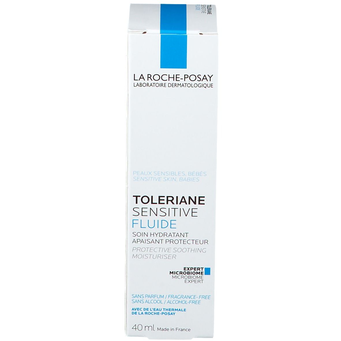 Confezione del prodotto. Scritta: La Roche-Posay, Toleriane Sensitive Fluid. Con quadrato blu. 40 ml.