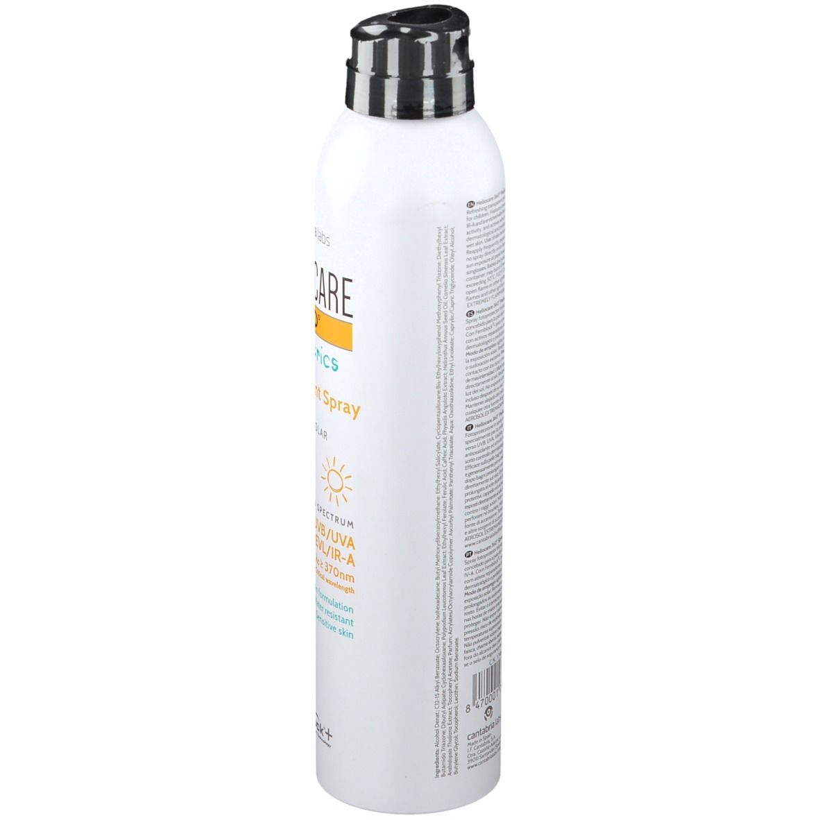 Heliocare 360° Pediatrics Transparent Spray LSF 50+. Flacone bianco con erogatore nero. Retro con testo.