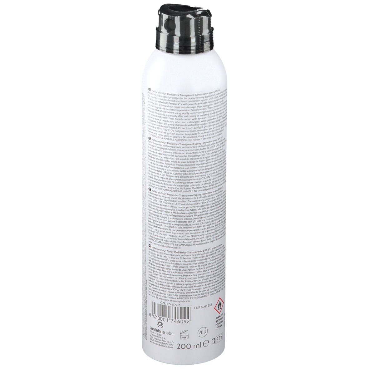 Heliocare 360° Pediatrics Transparent Spray LSF 50+. Flacone bianco con erogatore nero. Retro con testo.