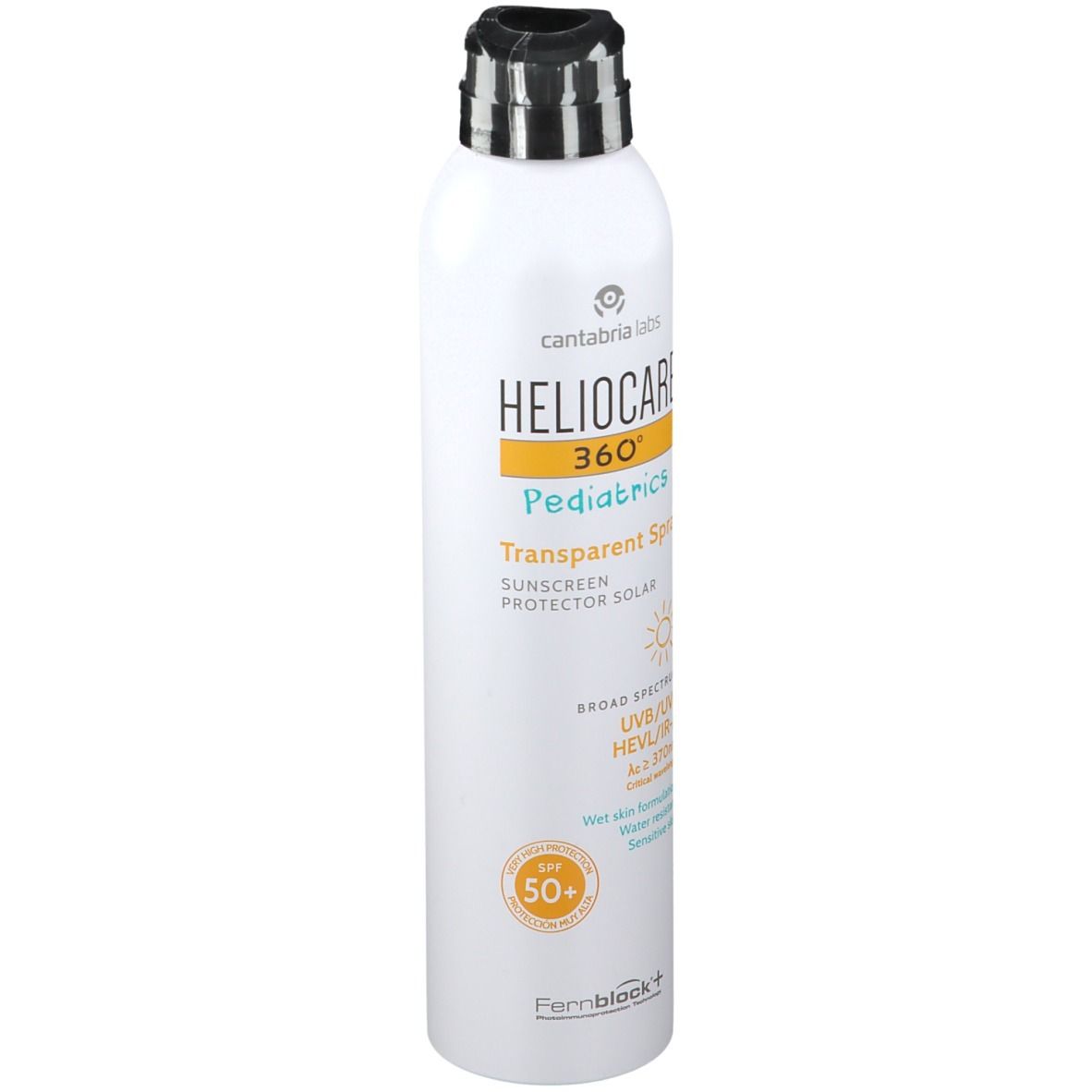 Heliocare 360° Pediatrics Transparent Spray LSF 50+. Flacone bianco con erogatore nero. Vista del prodotto.