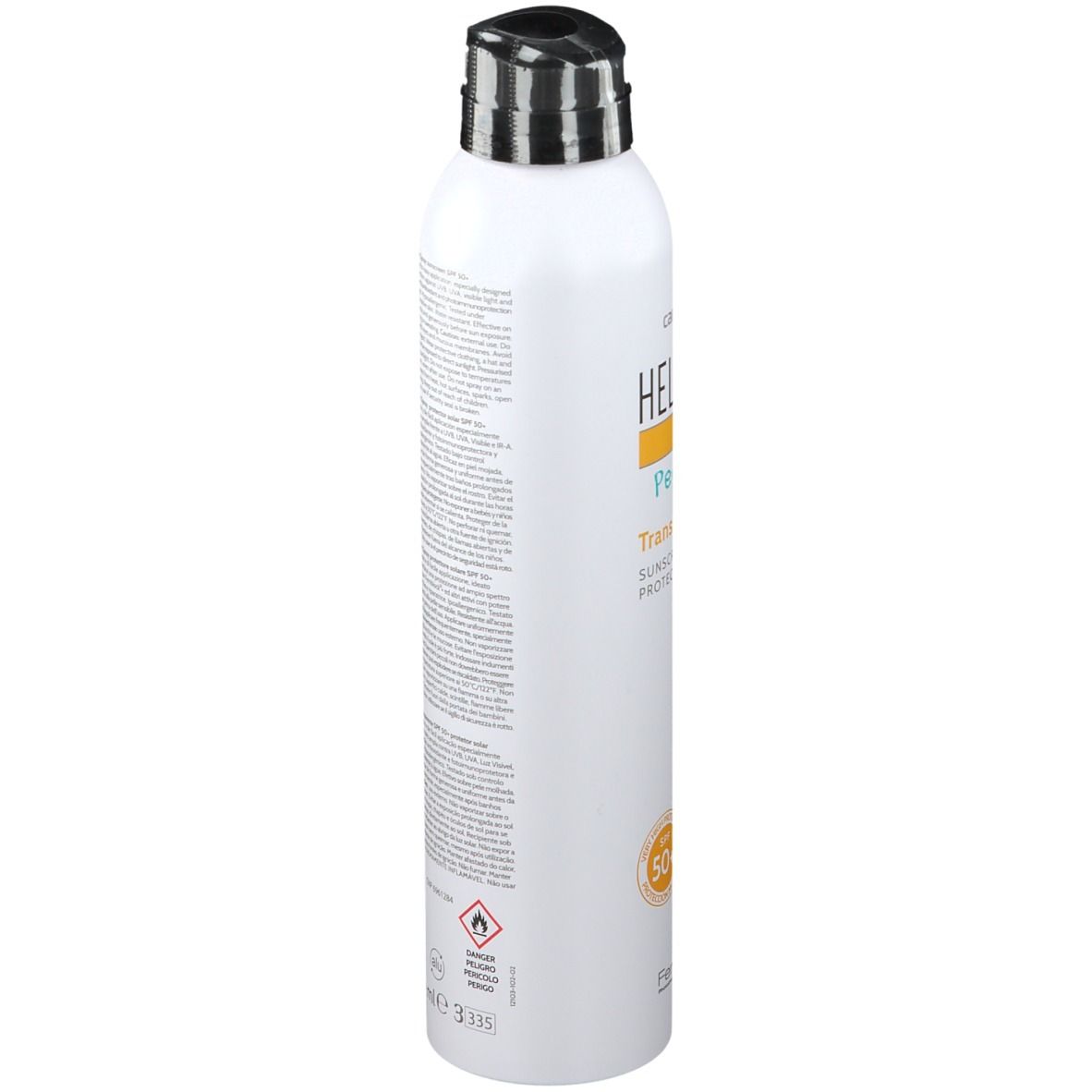 Heliocare 360° Pediatrics Transparent Spray LSF 50+. Flacone bianco con erogatore nero. Vista obliqua del prodotto.