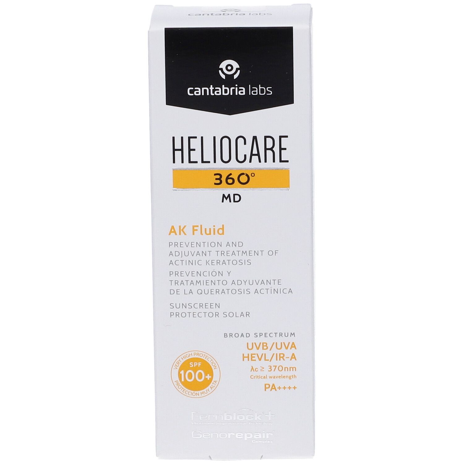 Scatola bianca Heliocare 360° MD AK Fluid. Contiene informazioni sulla protezione solare e SPF 100+.