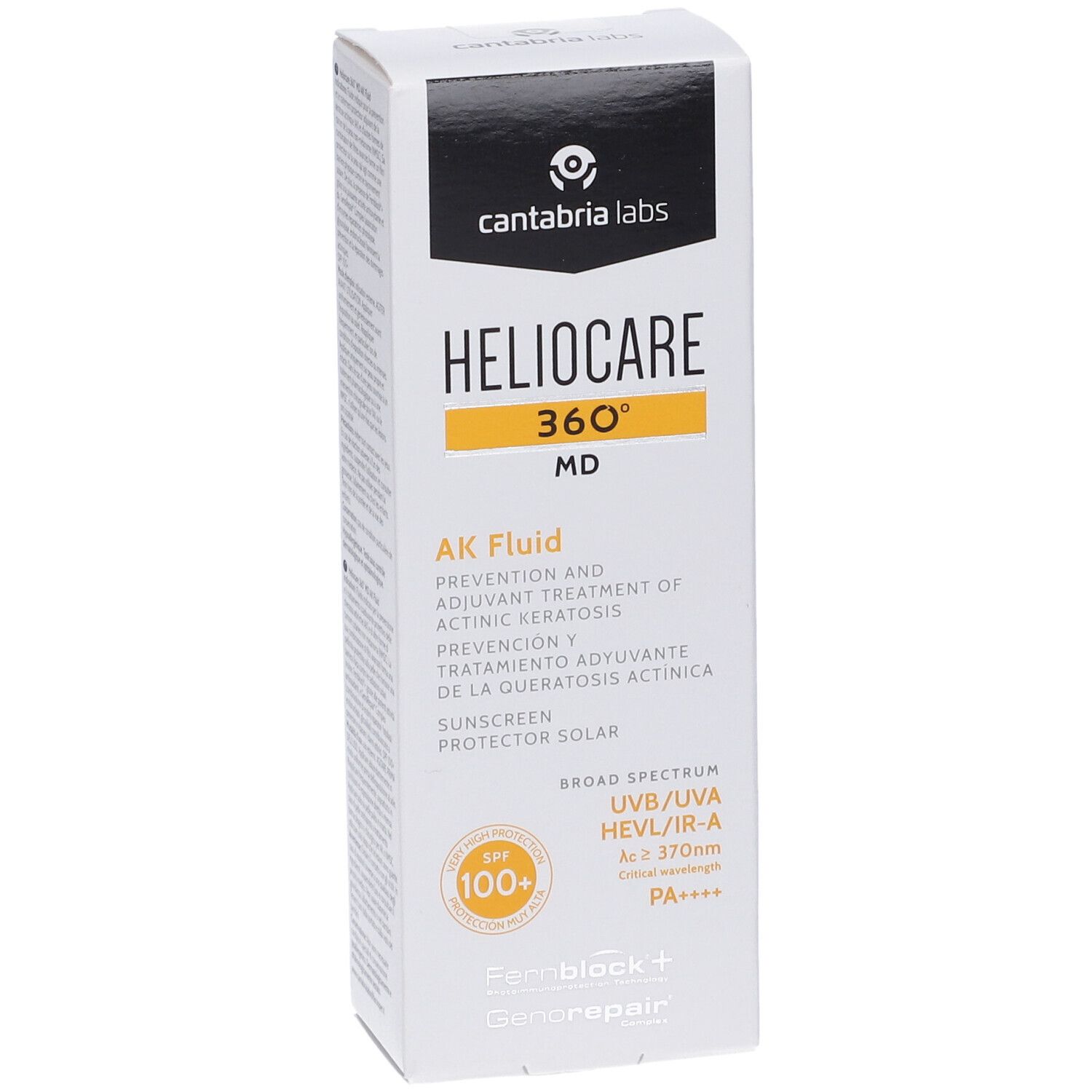 Scatola bianca Heliocare 360° MD AK Fluid. Contiene informazioni sulla protezione solare e SPF 100+.