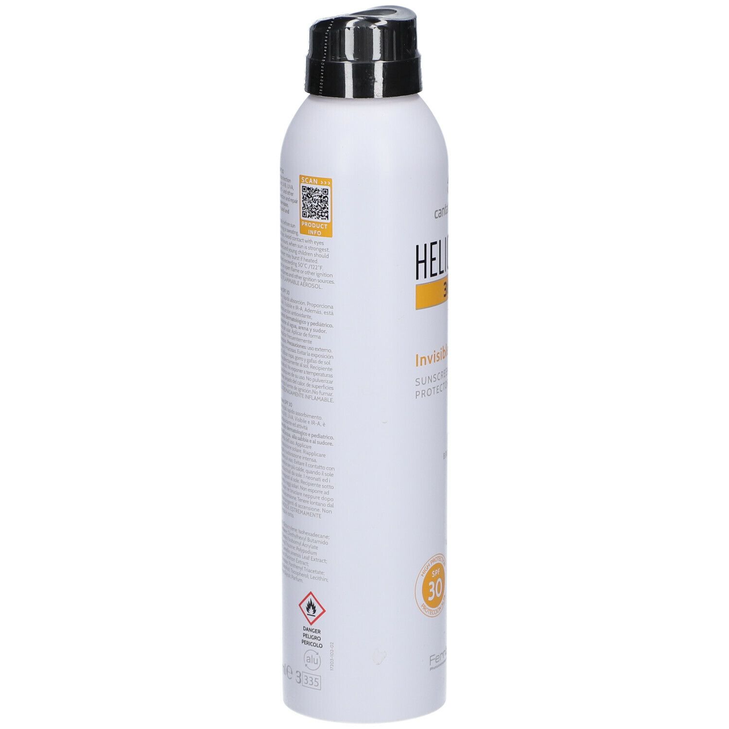 Spray bianco con erogatore nero. Scritta: HELIOCARE 360°, Invisible Spray, SPF 30. Striscia gialla. Codice QR.