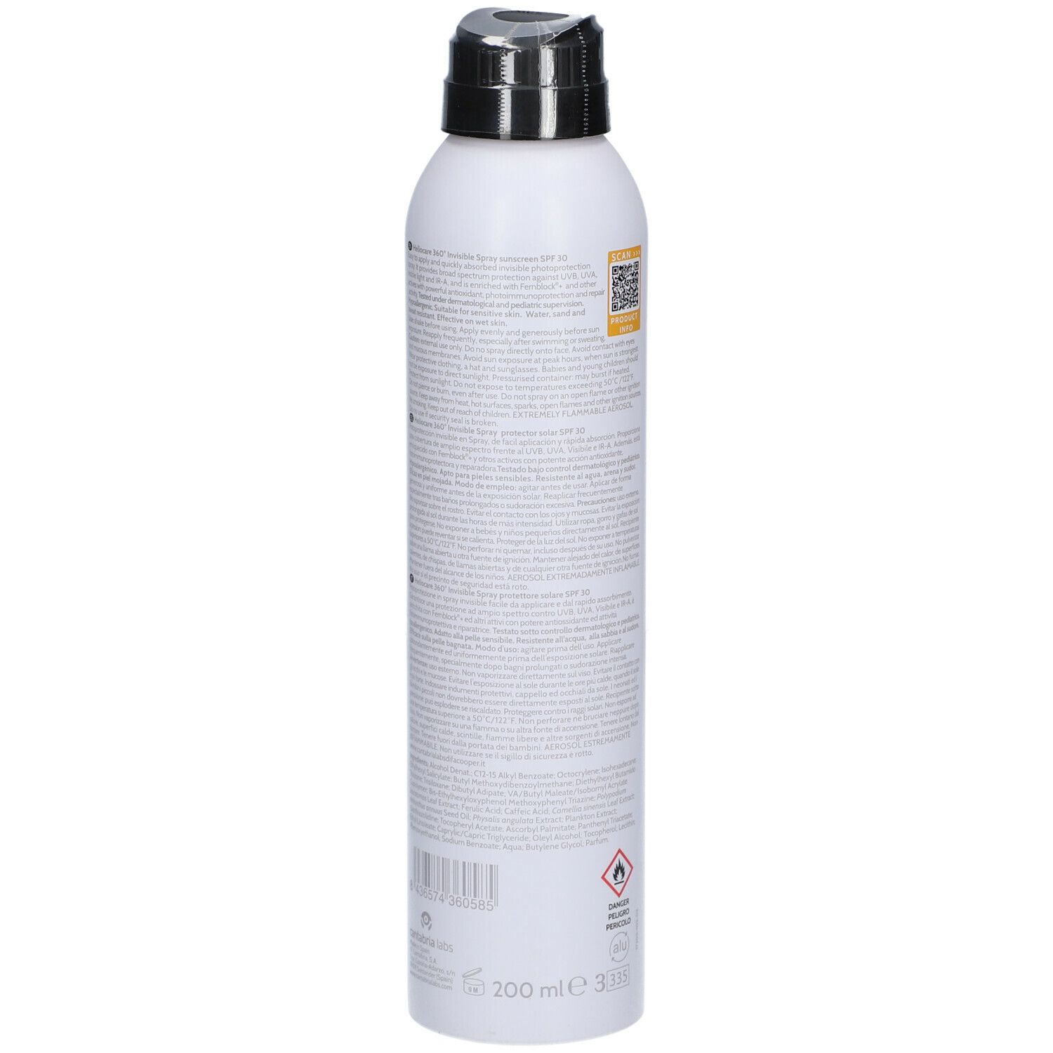 Spray bianco con erogatore nero. Scritta: HELIOCARE 360°, Invisible Spray, SPF 30. Striscia gialla. Indicazione del volume.