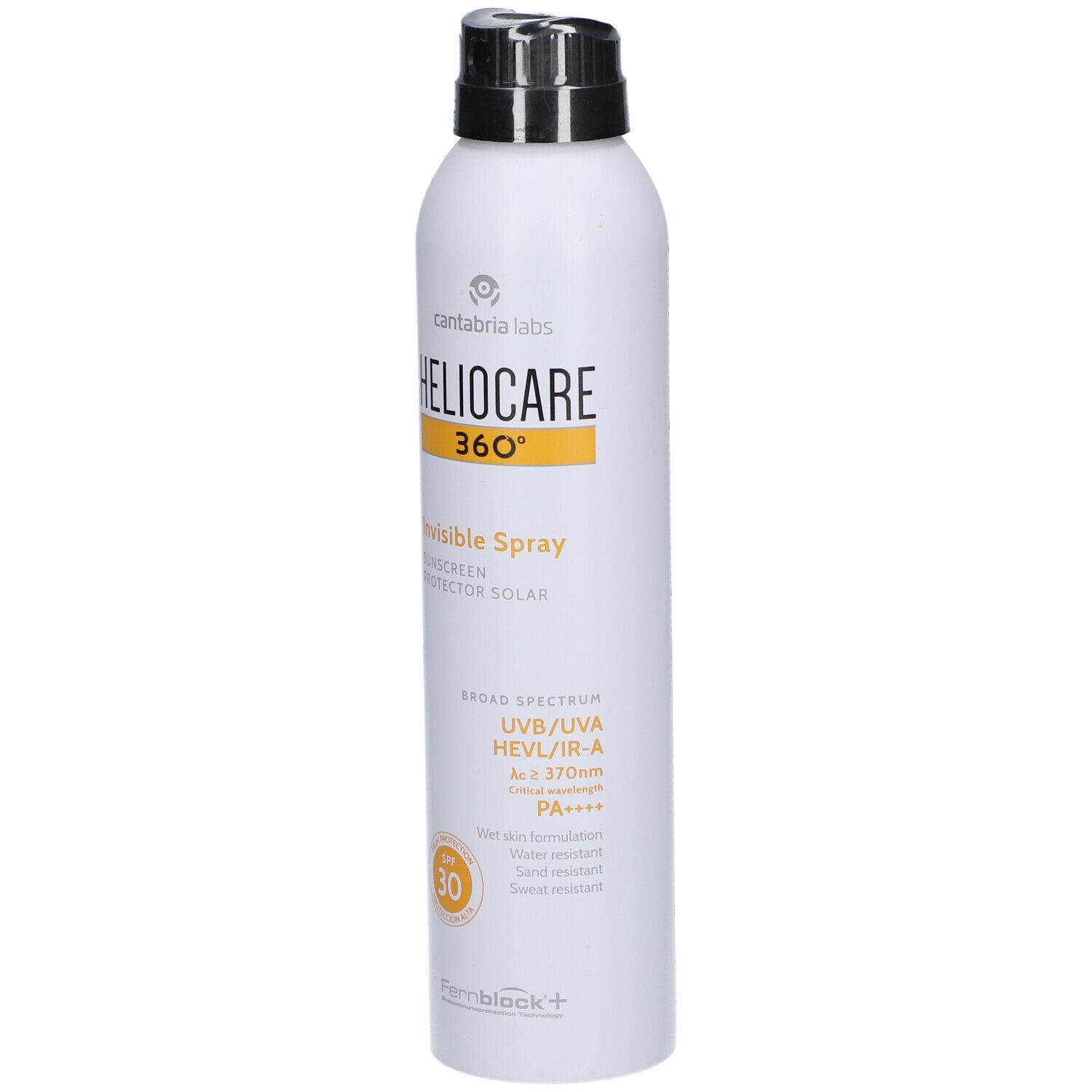 Spray bianco con erogatore nero. Scritta: HELIOCARE 360°, Invisible Spray, SPF 30. Striscia gialla.
