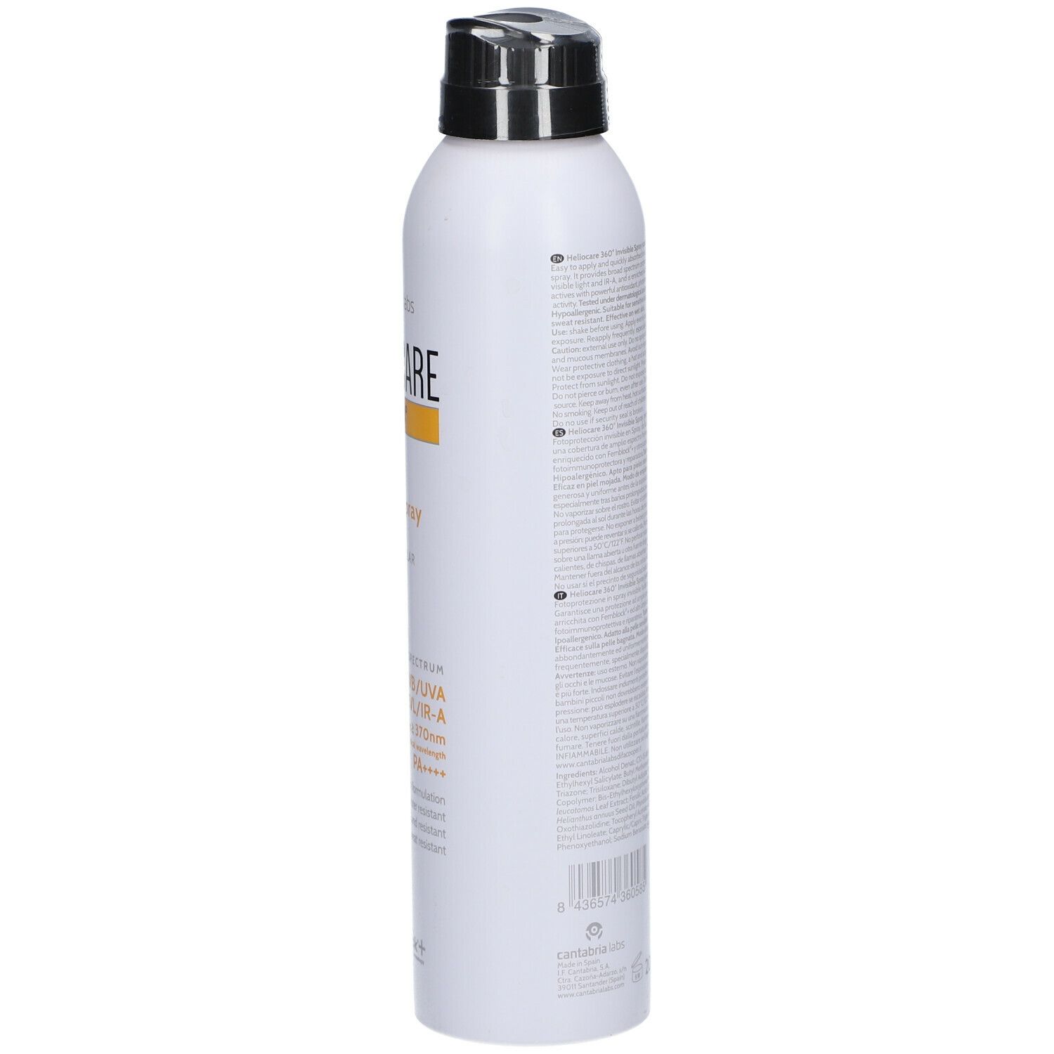 Spray bianco con erogatore nero. Scritta: HELIOCARE 360°, Invisible Spray, SPF 30. Striscia gialla.