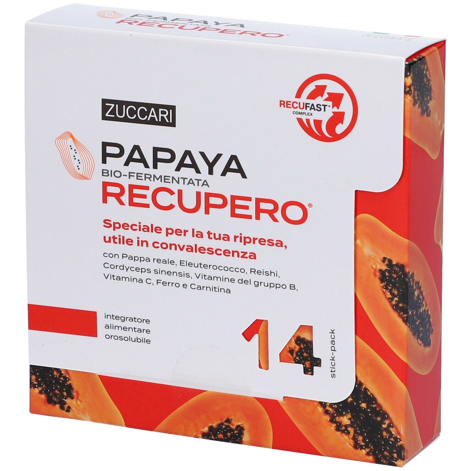 Scatola Papaya Recupero. Scritto: ZUCCARI, Papaya Recupero, 14 stick-pack. Immagine di papaya.