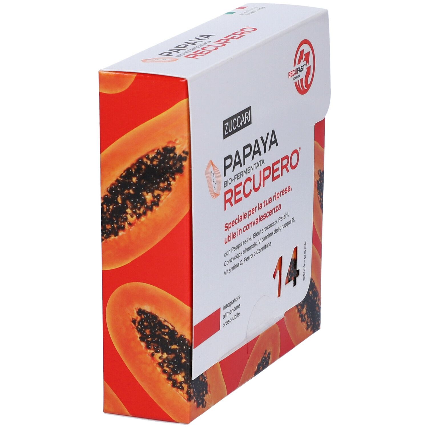 Scatola Papaya Recupero, vista laterale. Scritto: ZUCCARI, Papaya Recupero, 14. Immagine di papaya.