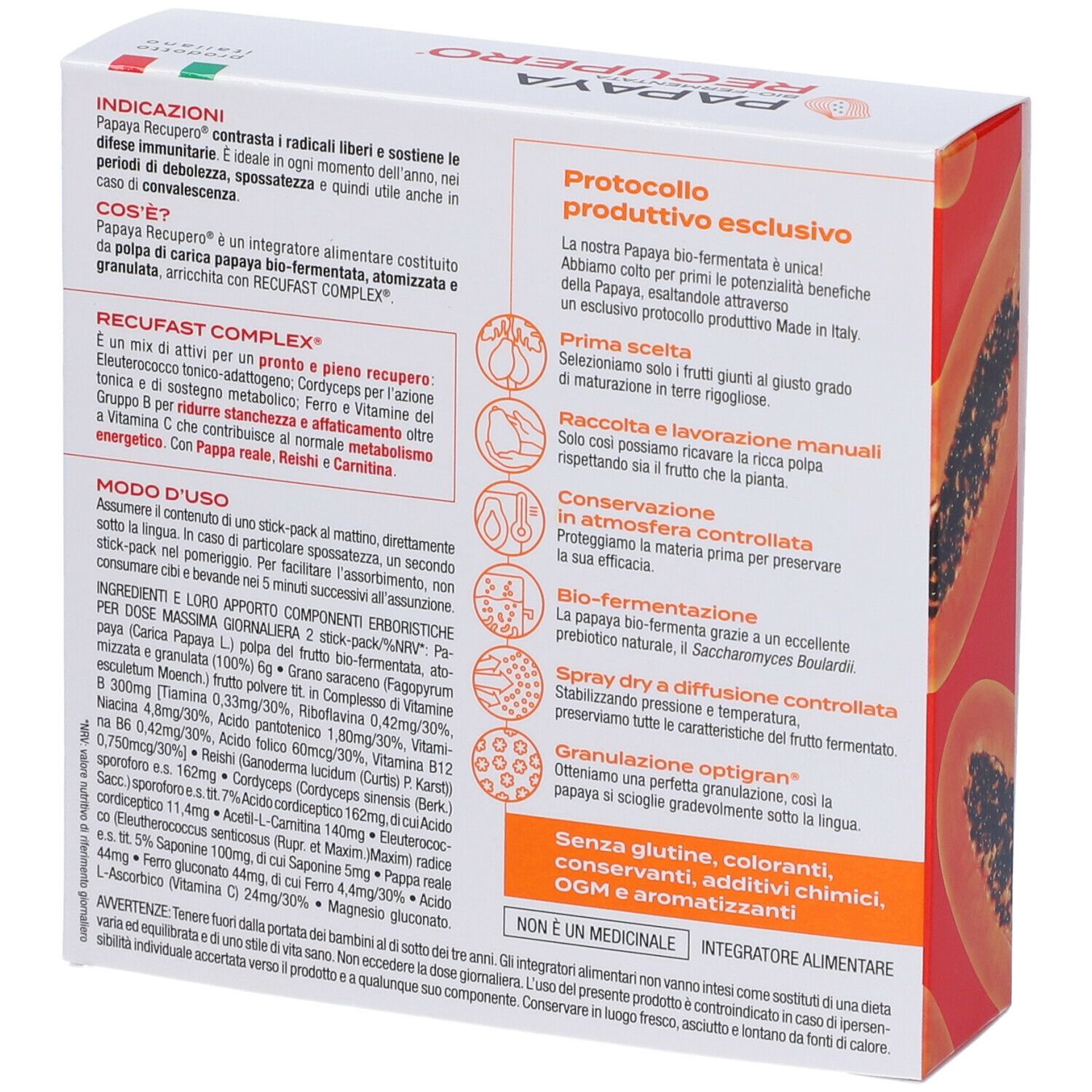 Retro della scatola Papaya Recupero. Testo in italiano. Illustrazioni di papaya ed elementi grafici.