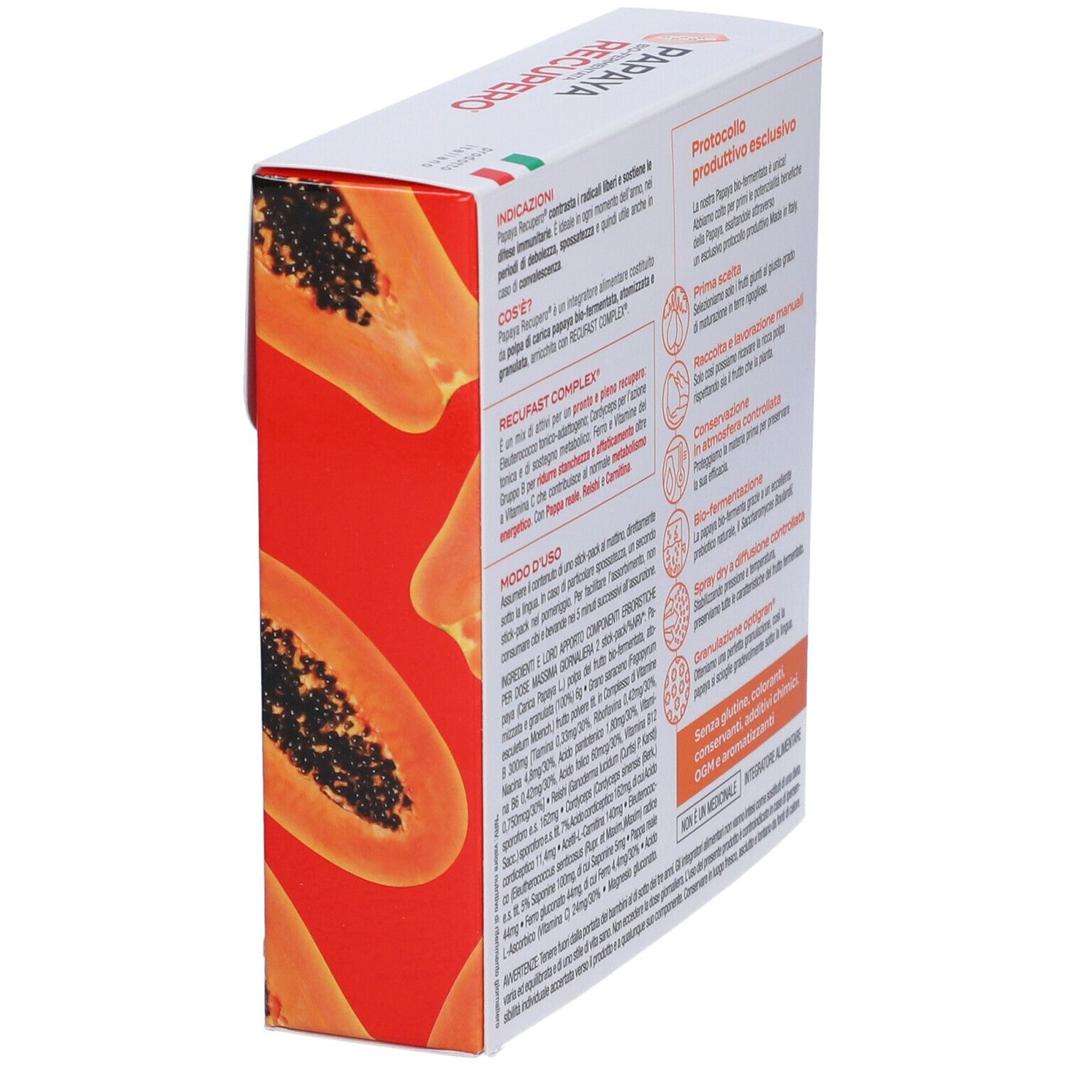 Scatola Papaya Recupero, vista laterale. Testo in italiano. Immagine di papaya.