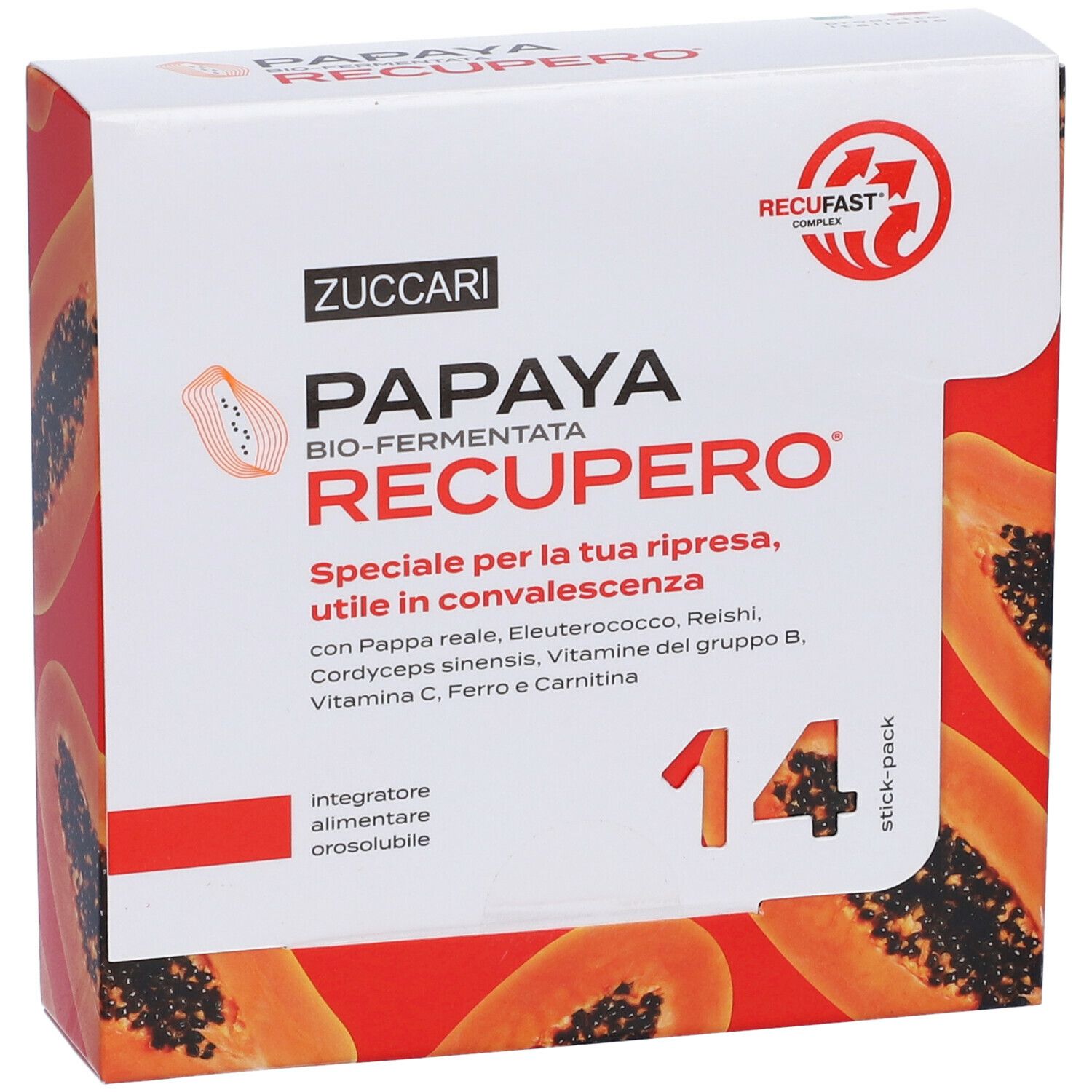 Scatola Papaya Recupero. Scritto: ZUCCARI, Papaya Recupero, 14 stick-pack. Immagine di papaya.