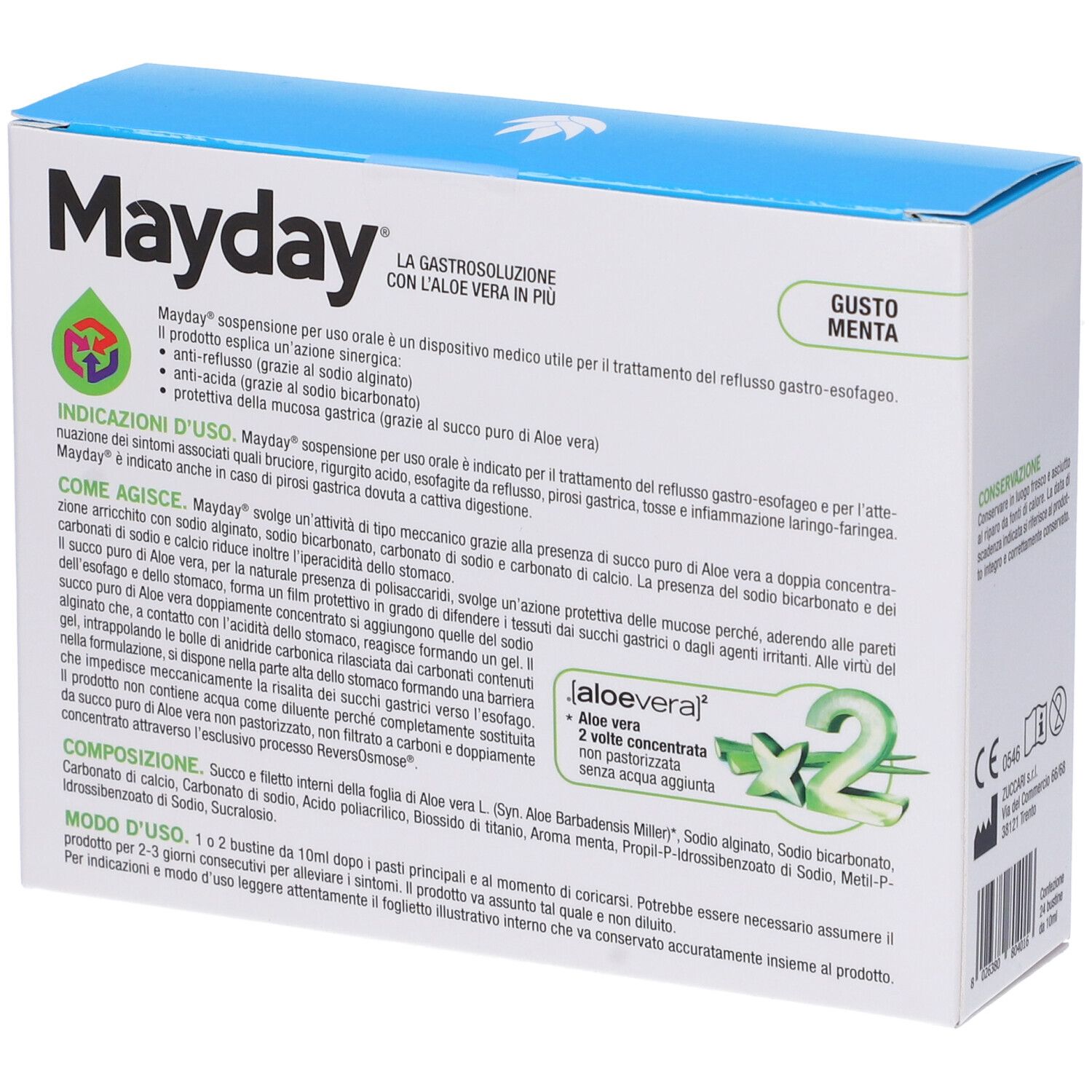 Mayday-Schachtel, ZUCCARI. Enthält Informationen zur Anwendung und Inhaltsstoffe. Mit Aloe Vera.