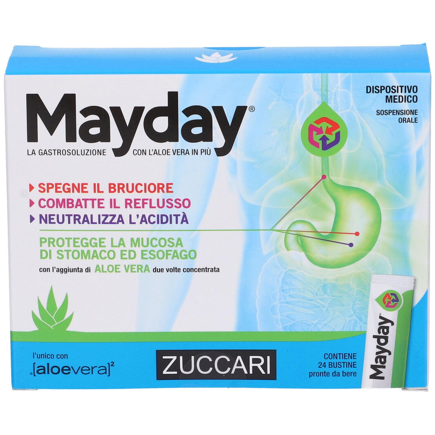 Mayday-Schachtel, ZUCCARI. Enthält 24 Beutel. Aufschrift: „La gastrosoluzione“. Mit Aloe Vera.