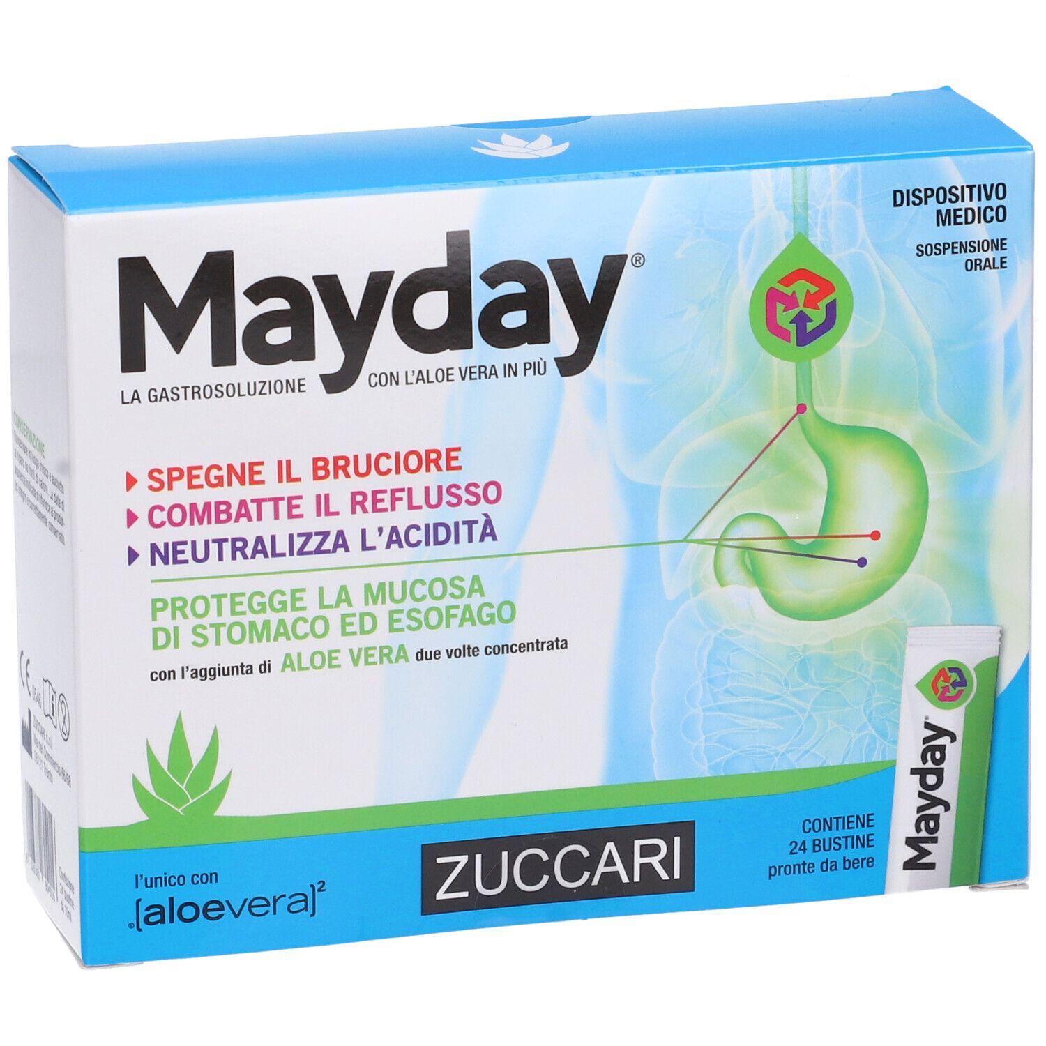 Mayday-Schachtel, ZUCCARI. Enthält 24 Beutel. Aufschrift: „La gastrosoluzione“. Mit Aloe Vera.