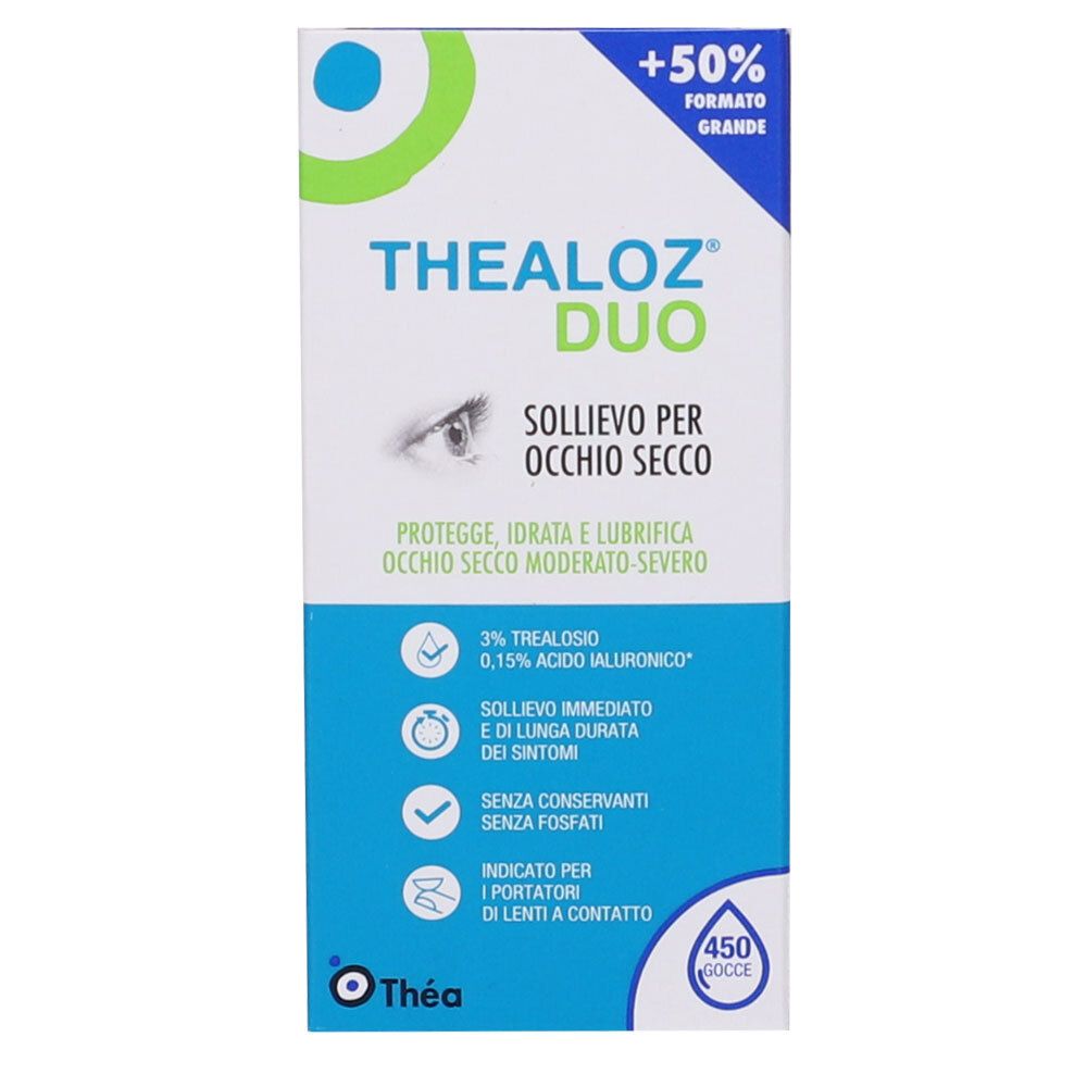 Confezione di collirio THEALOZ DUO per occhi secchi. Contiene 3% trealosio, 0,15% acido ialuronico. Formato +50%.