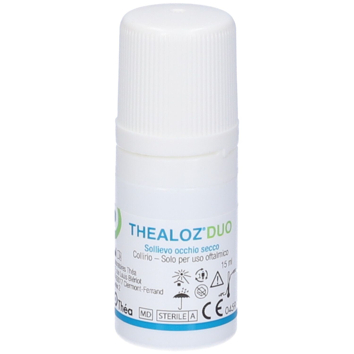 Flacone bianco con tappo a vite. Scritta: THEALOZ DUO, collirio. 15 ml. Marchio CE.