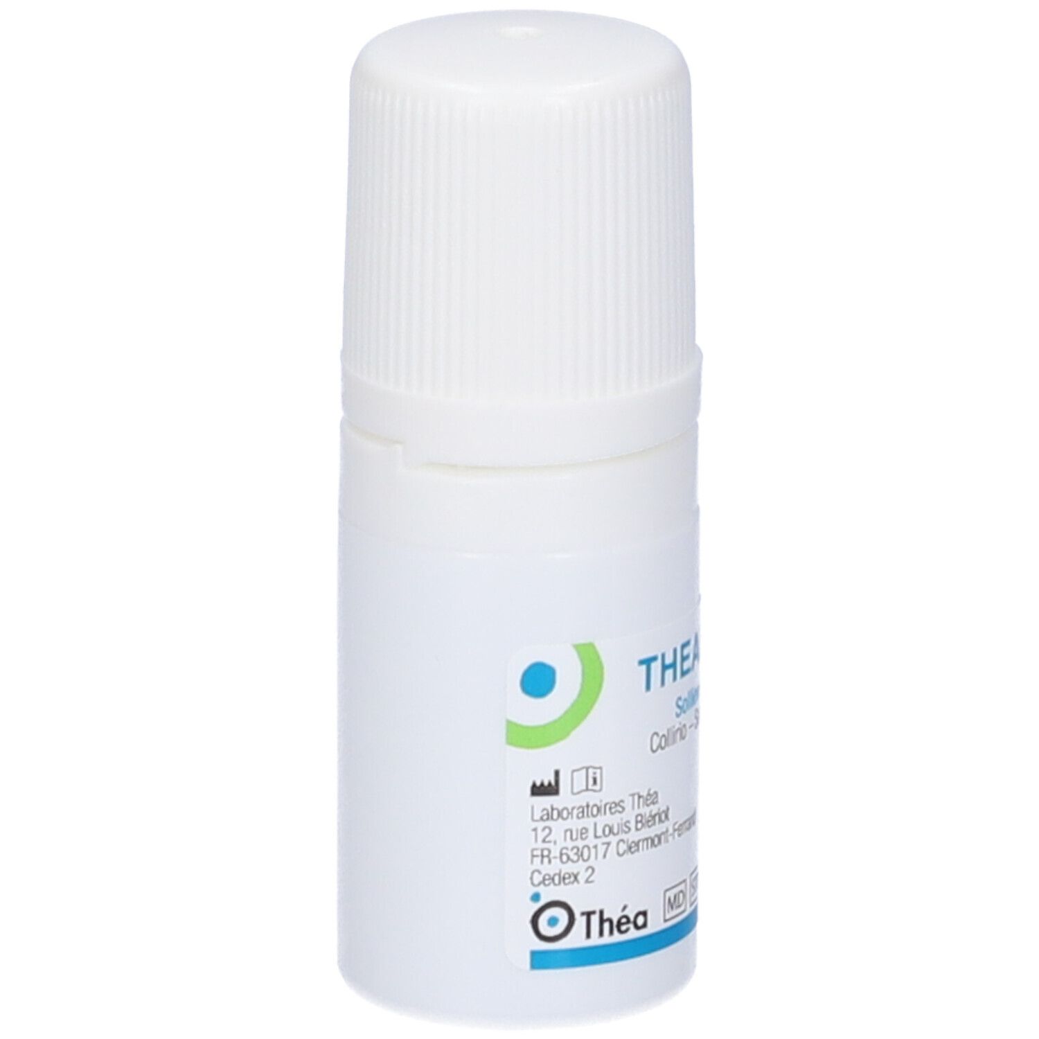 Flacone bianco con tappo a vite. Scritta: THEALOZ DUO, collirio. Indirizzo del produttore.