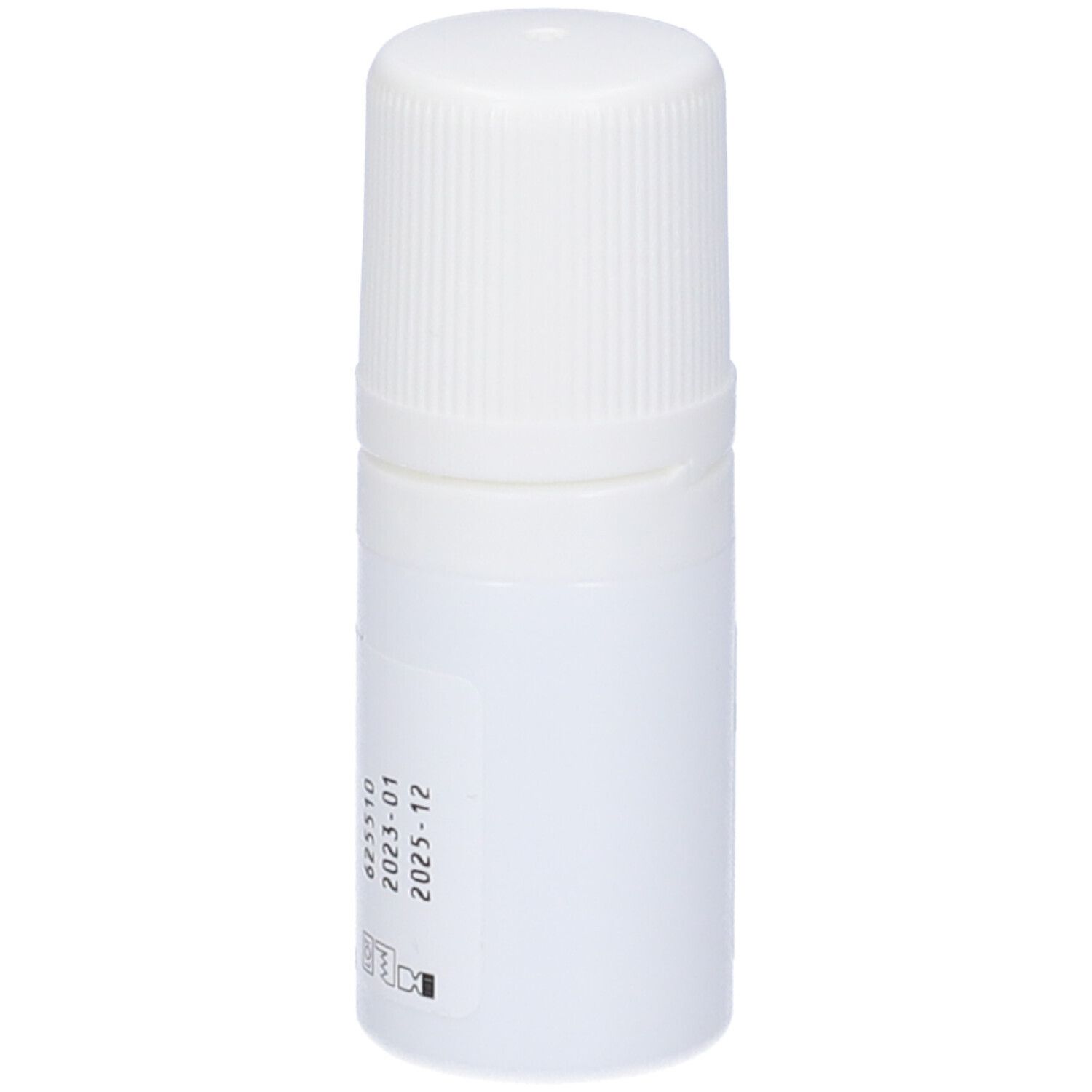 Flacone bianco con tappo a vite. Scritta: THEALOZ DUO, collirio. Scadenza 2025-12.