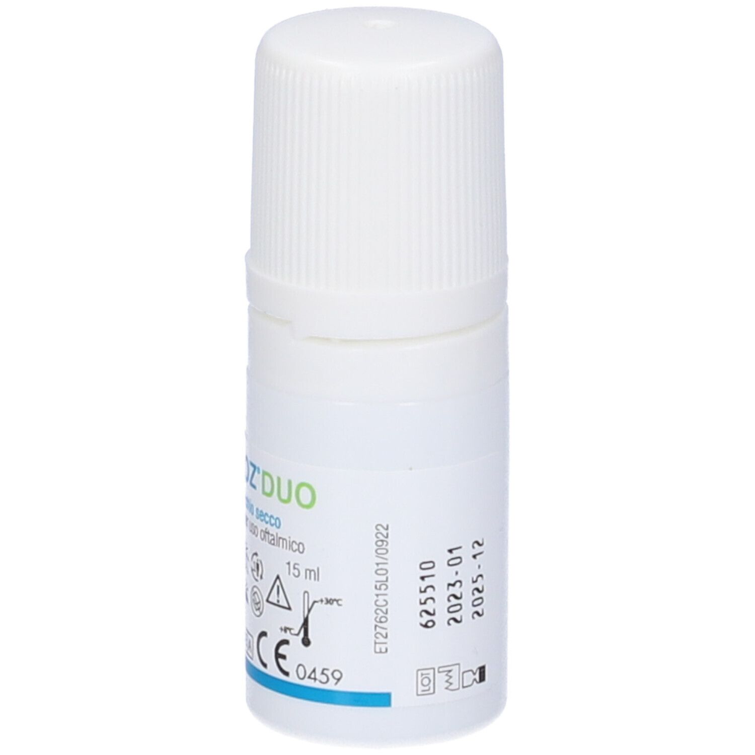Flacone bianco con tappo a vite. Scritta: THEALOZ DUO, collirio. Scadenza 2025-12.