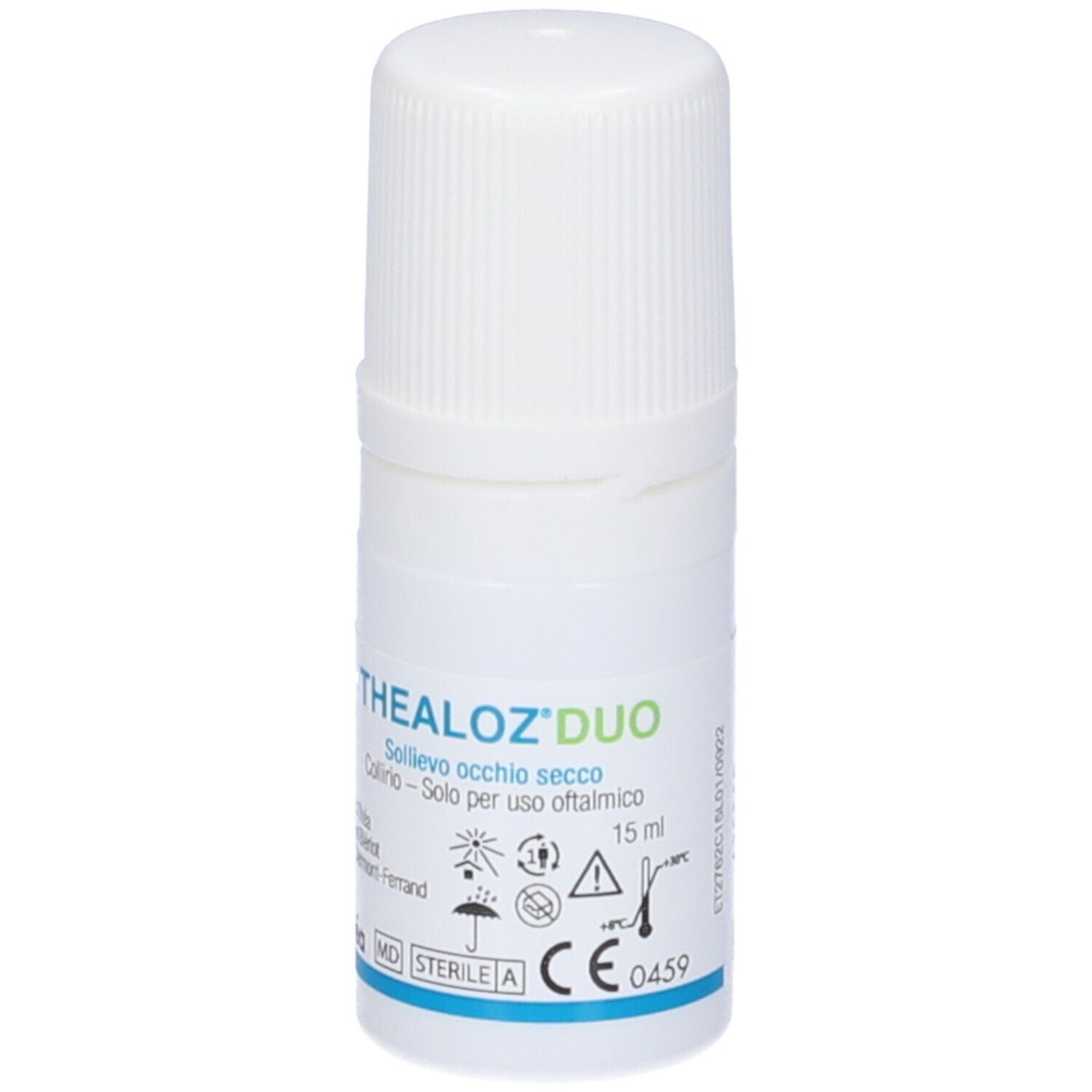 Flacone bianco con tappo a vite. Scritta: THEALOZ DUO, collirio. 15 ml. Marchio CE.