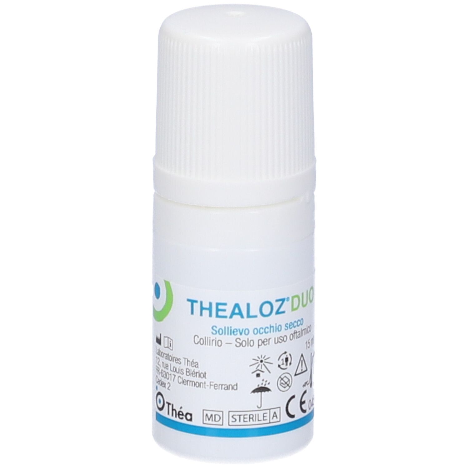 Flacone bianco con tappo a vite. Scritta: THEALOZ DUO, collirio. Indirizzo del produttore.