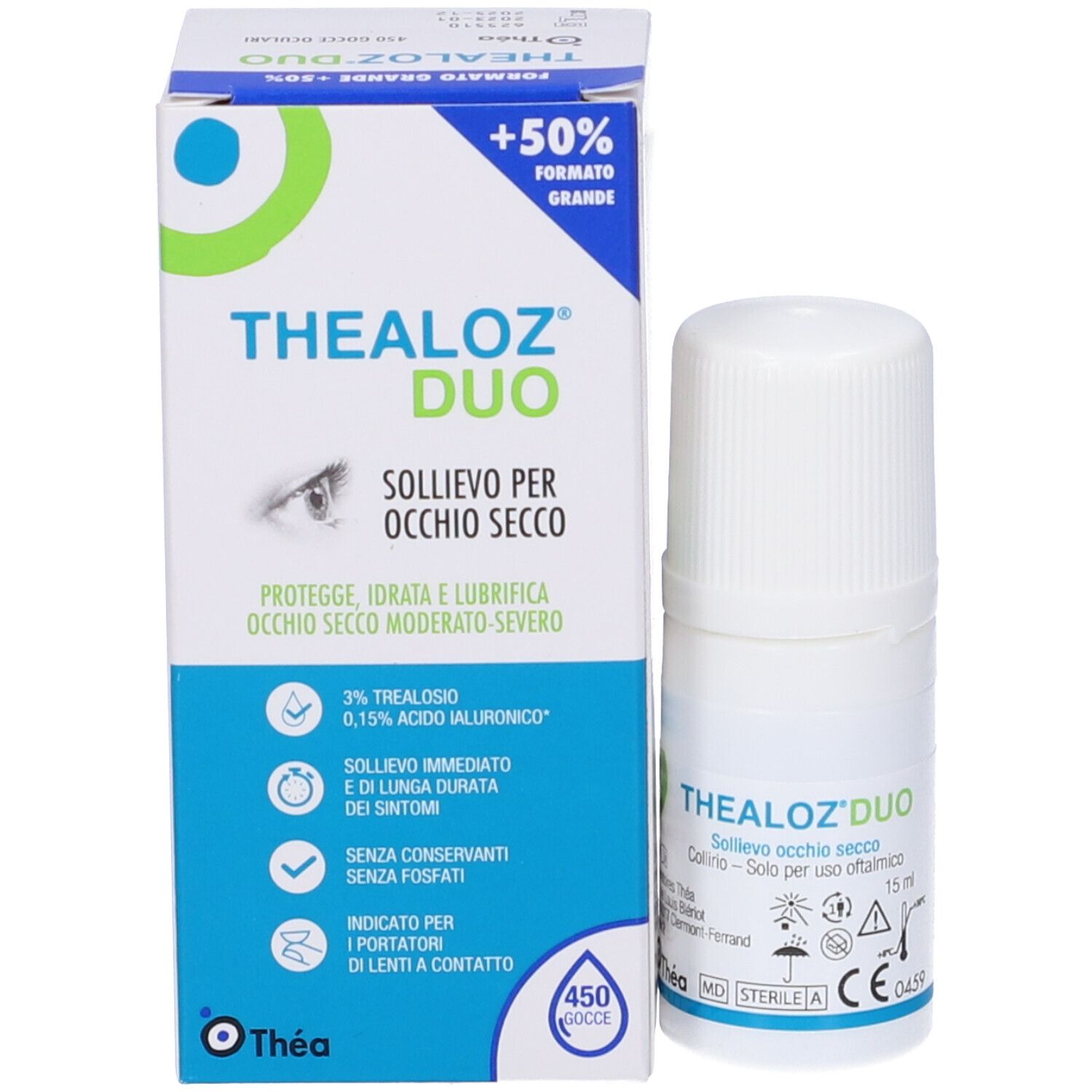 Confezione e flacone di collirio. Scritta: THEALOZ DUO, per occhi secchi. 15 ml. Marchio CE.