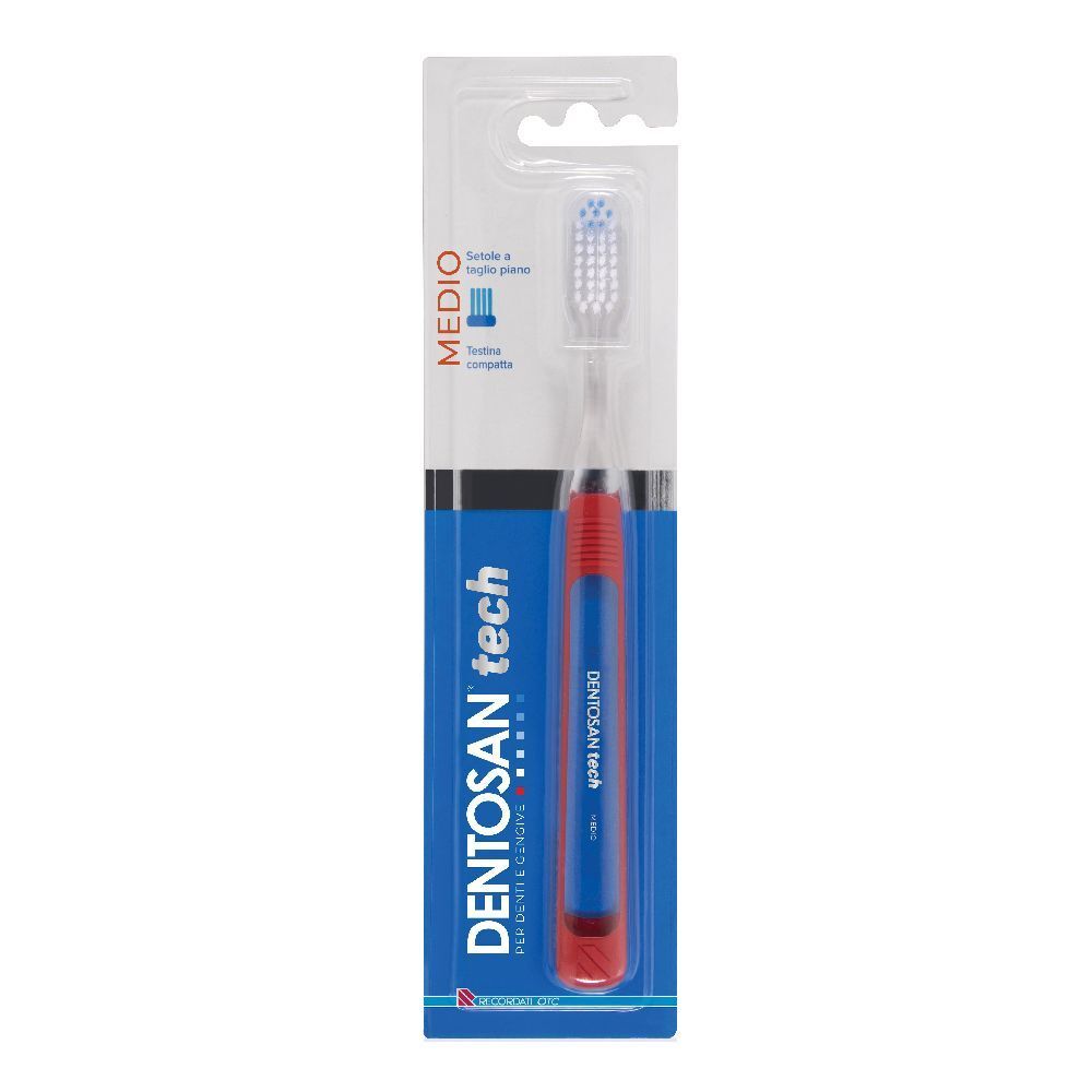 Spazzolino in confezione blister. Manico rosso, corpo blu. Scritte "DENTOSAN tech" e "MEDIO".