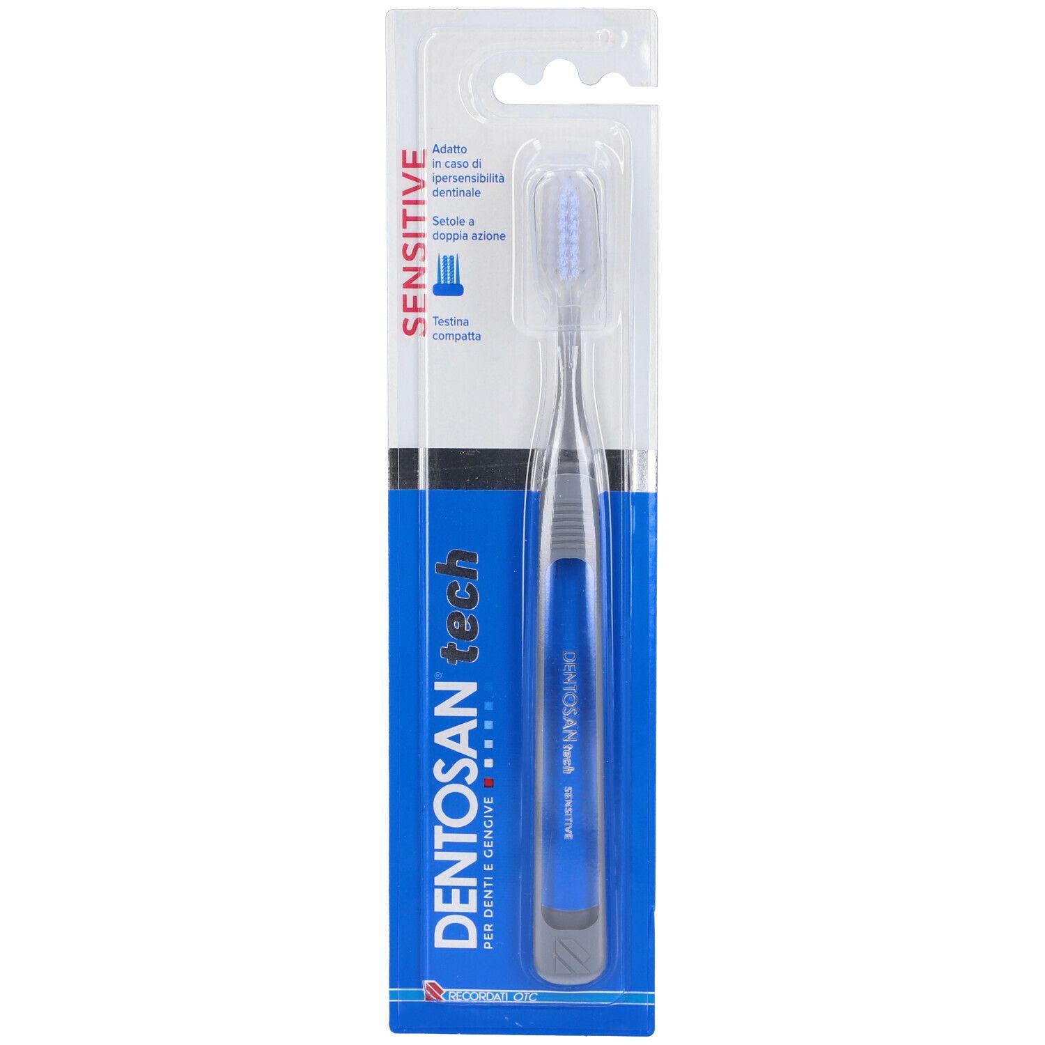 Spazzolino DENTOSAN tech Sensitive in confezione blister. Manico blu, setole trasparenti. Denominazione del prodotto visibile.