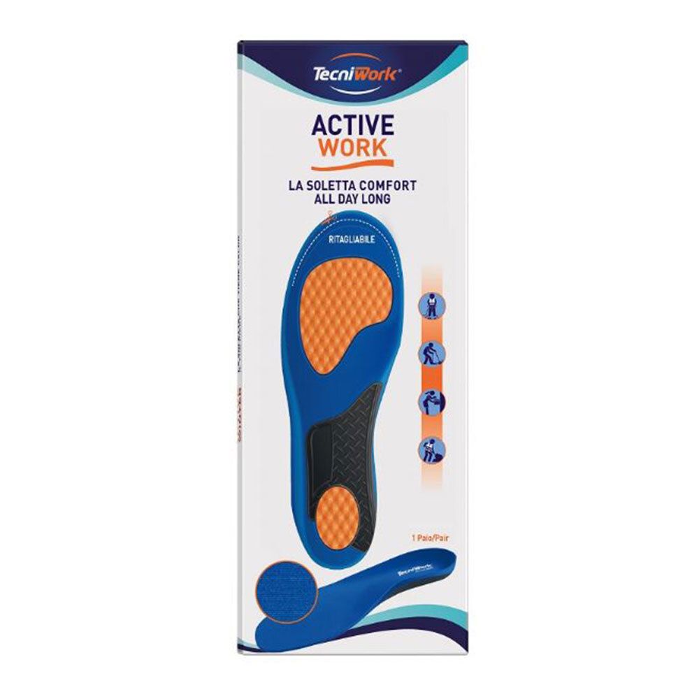 Tecniwork Active Work Solette Taglia S, EU 39/41. Blaue Einlegesohle mit orangefarbenen und schwarzen Elementen, in Verpackung.