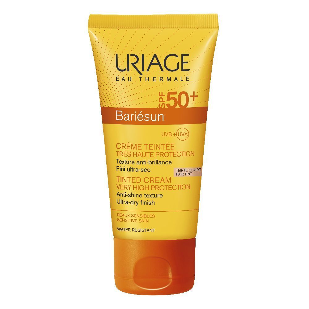 Tubo giallo URIAGE Bariésun SPF 50+. Crema colorata, alta protezione. Testo multilingue. Resistente all'acqua.