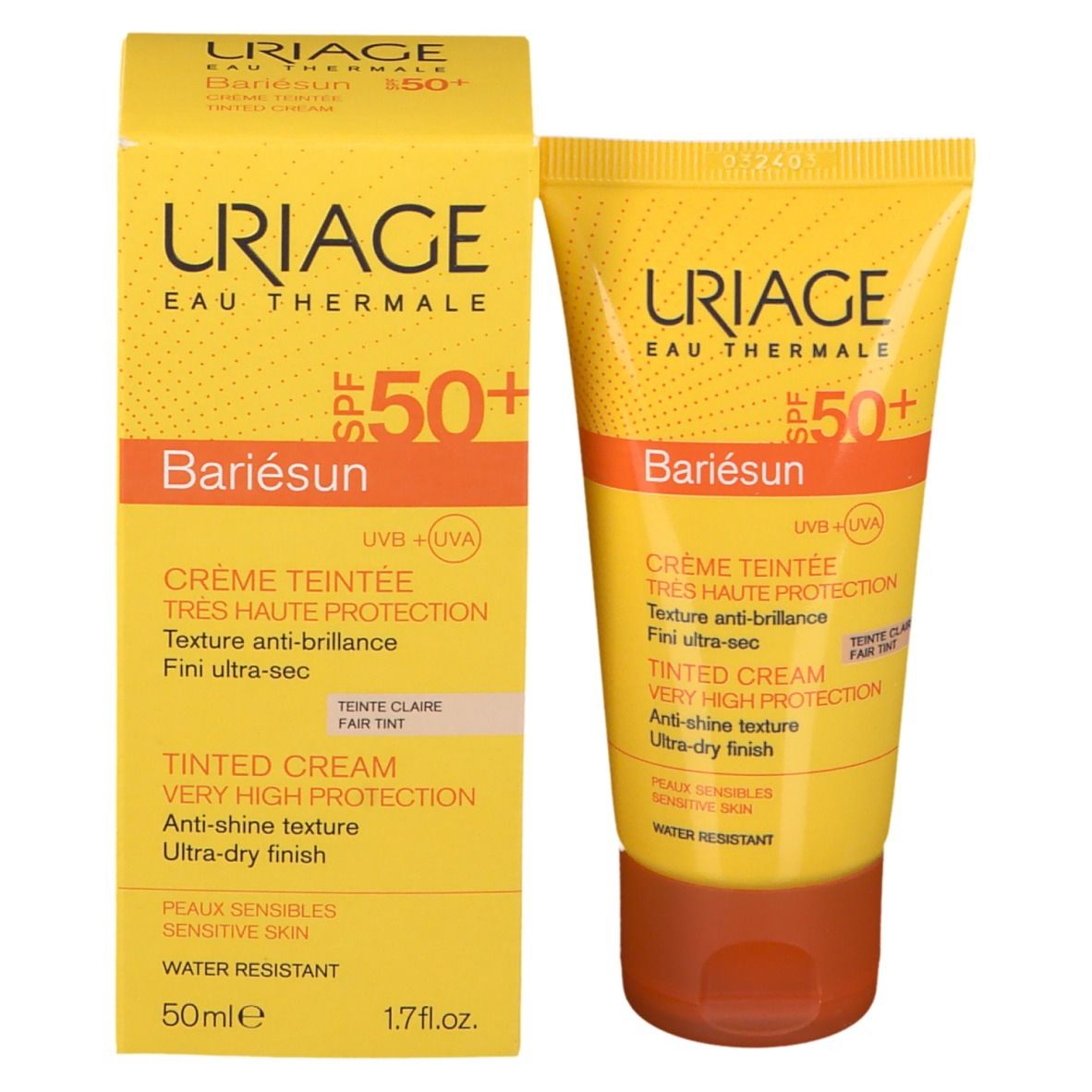 URIAGE Bariésun SPF 50+ crema e confezione. Scatola e tubo gialli. Testo multilingue. 50ml.