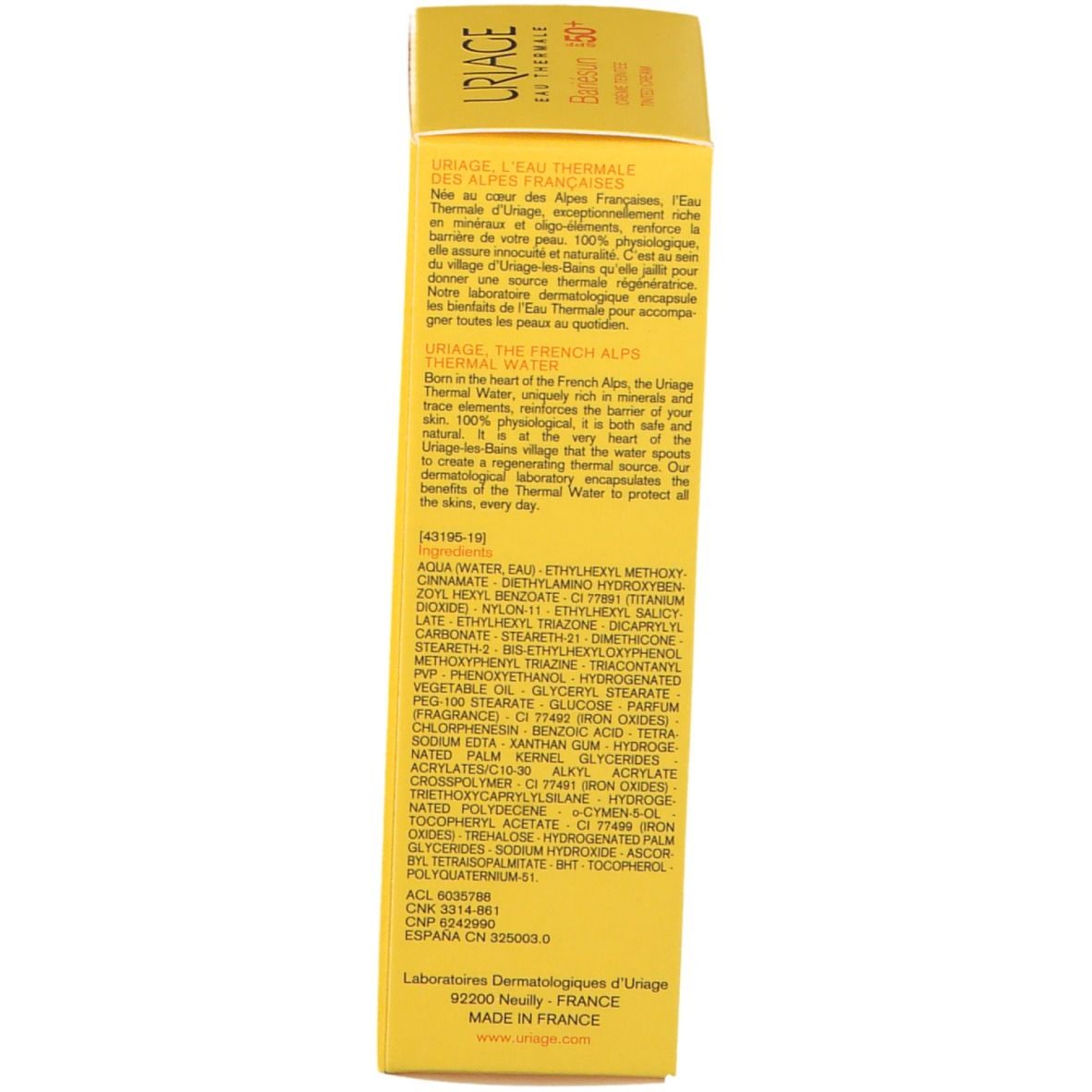 Lato della scatola gialla URIAGE Bariésun SPF 50+. Testo multilingue. Ingredienti e produttore.