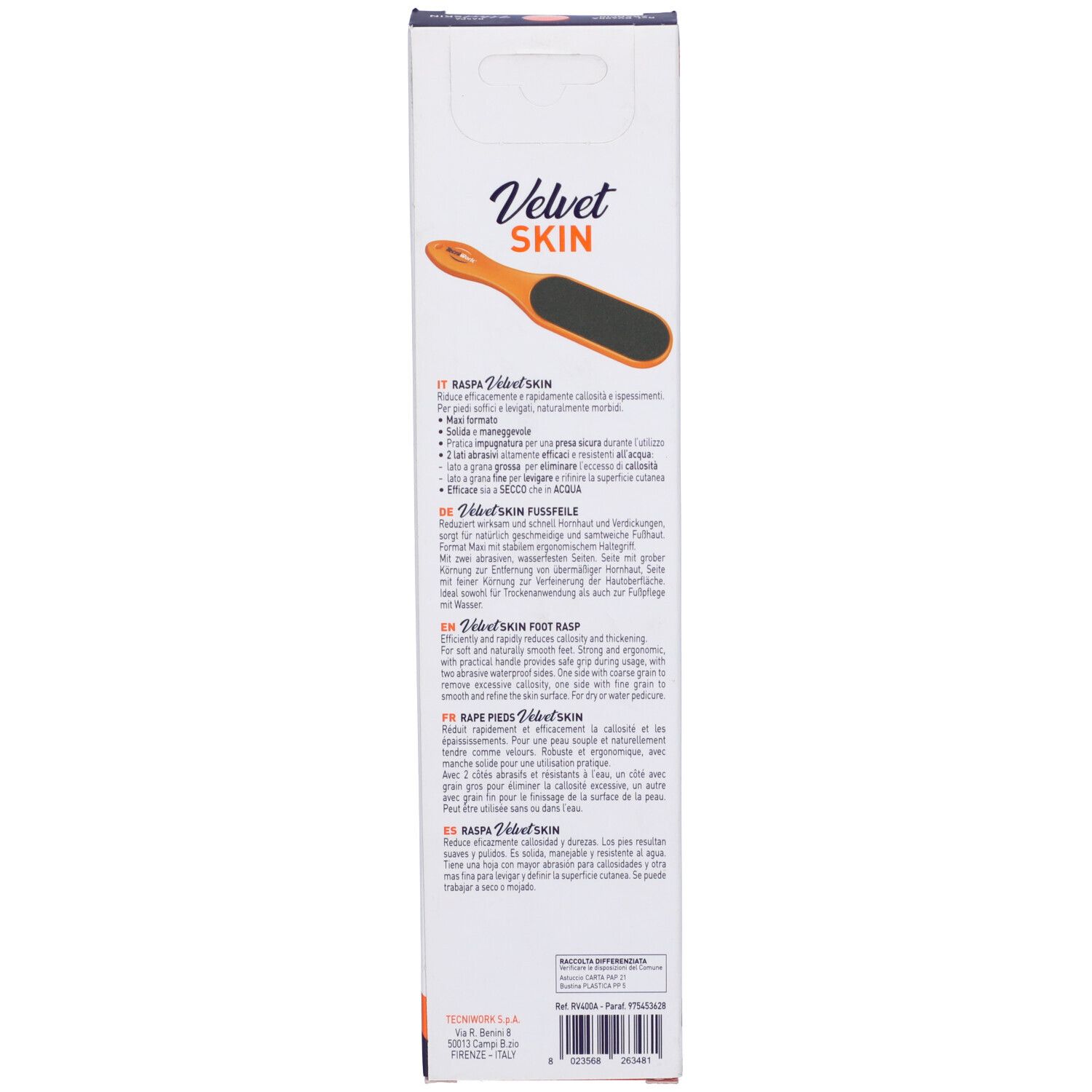 Rückseite der Verpackung. Text: Velvet Skin, Fußfeile, TecniWork. Produktbeschreibung in Deutsch, Englisch, Französisch, Italienisch.