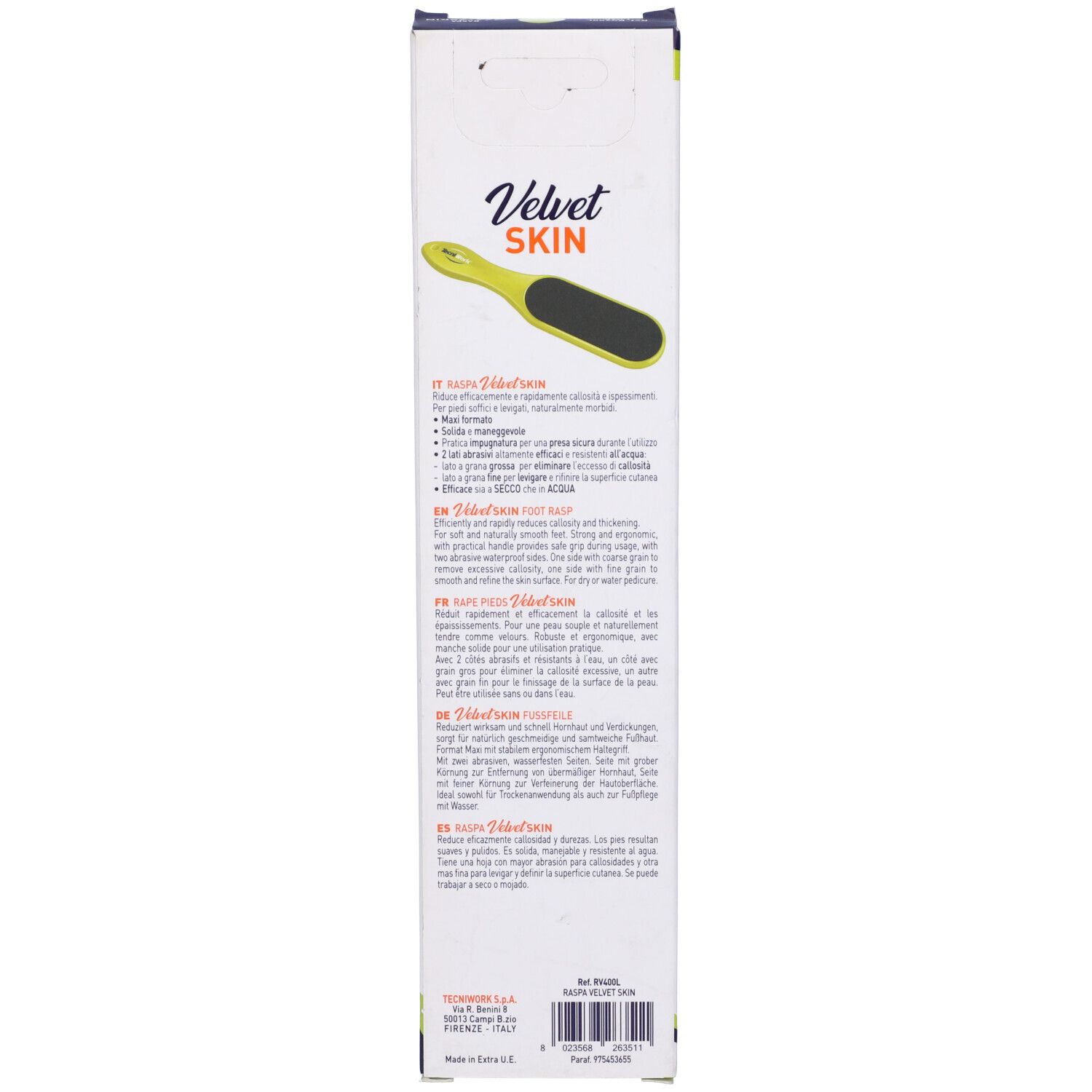 Verpackung der Fußfeile. Text: Velvet Skin. Produktbeschreibung in mehreren Sprachen.