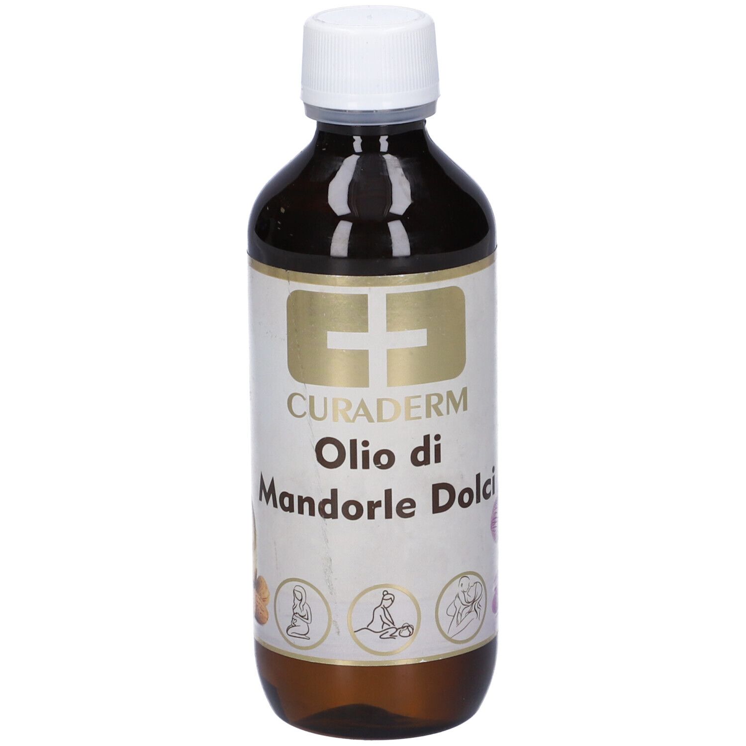 Bottiglia marrone con tappo bianco. L'etichetta riporta CURADERM e Olio di Mandorle Dolci. Sotto ci sono dei simboli.