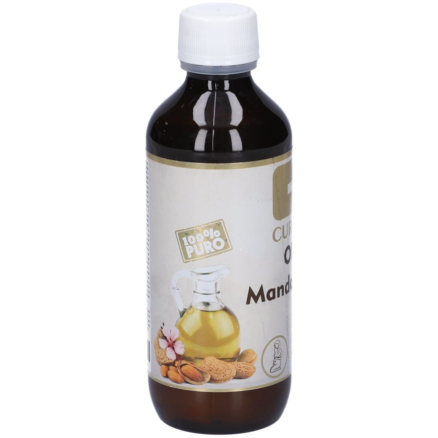 Bottiglia marrone con tappo bianco. L'etichetta riporta CURADERM e Olio di Mandorle Dolci. Con la dicitura 100% Puro.