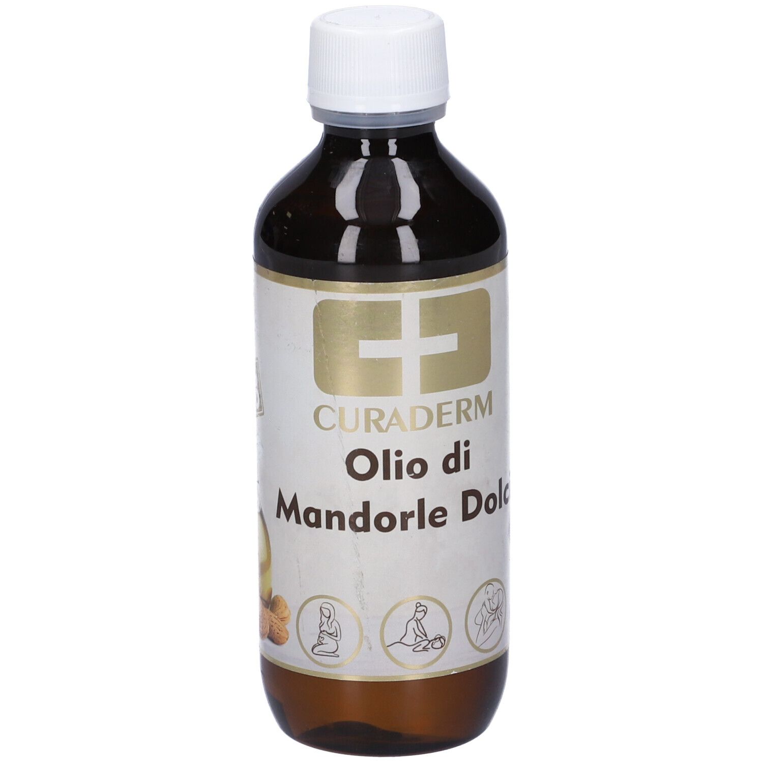 Bottiglia marrone con tappo bianco. L'etichetta riporta CURADERM e Olio di Mandorle Dolci. Sotto ci sono dei simboli.