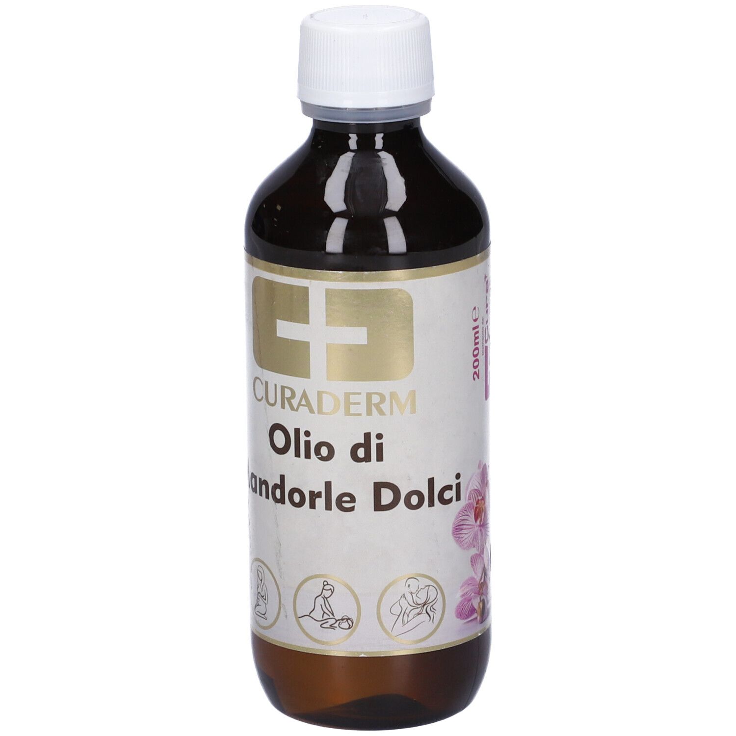 Bottiglia marrone con tappo bianco. L'etichetta riporta CURADERM, Olio di Mandorle Dolci e 200ml. È raffigurato un fiore.