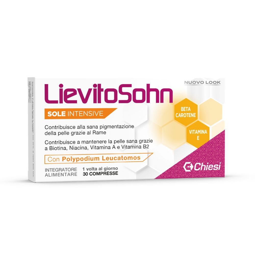 Scatola 'LievitoSohn Sole Intensive' con 30 compresse. Contiene beta-carotene e vitamina E. Marchio Chiesi.