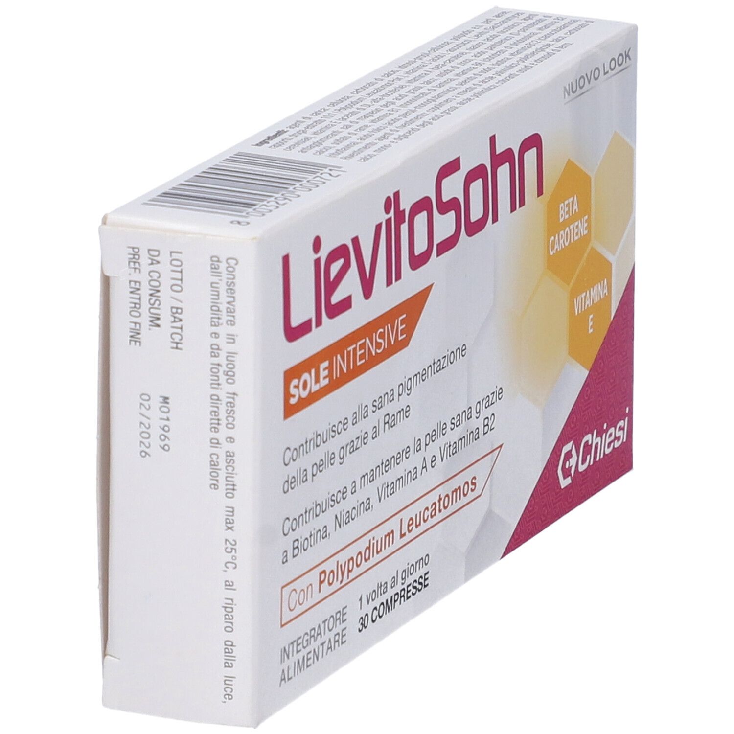 Scatola 'LievitoSohn Sole Intensive' con 30 compresse. Contiene beta-carotene e vitamina E. Marchio Chiesi.